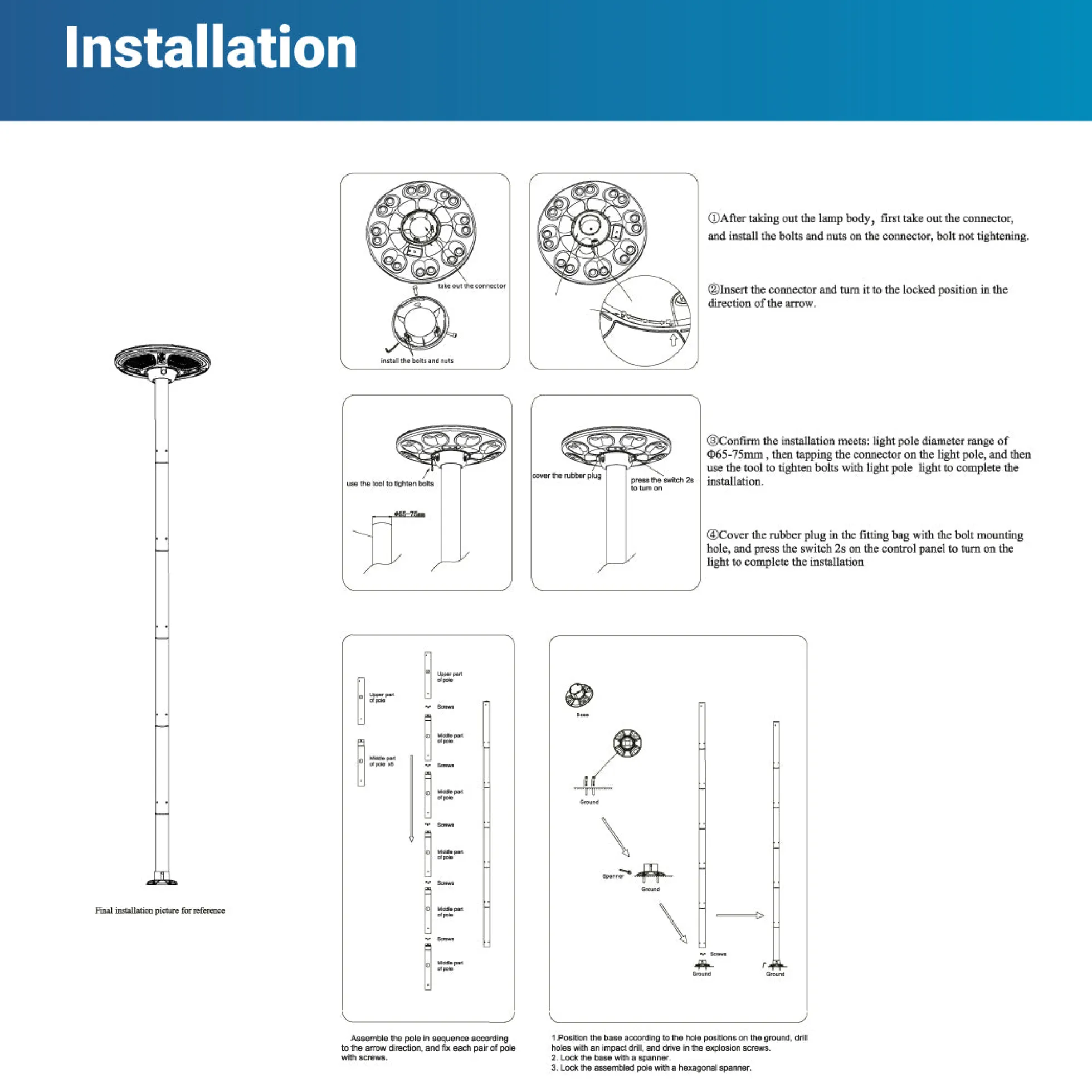 Farola solar con panel y mando a distancia - Sensor PIR - 150W - 6500K - IP54
