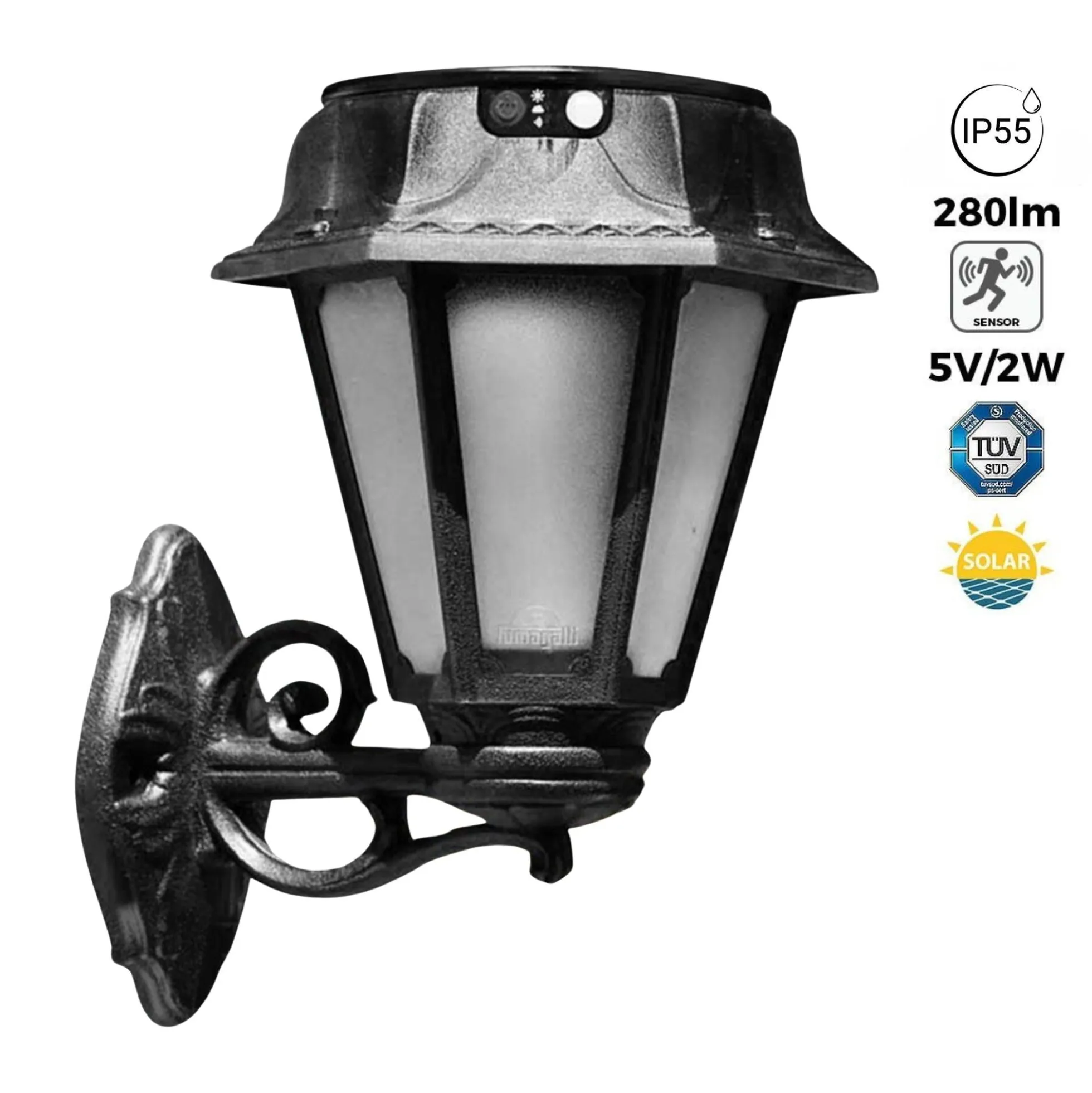 Farola solar de jardín aplique de pared "BISSO/ROSETTA" con sensor PIR - 2 modos de funcionamiento - 4000K