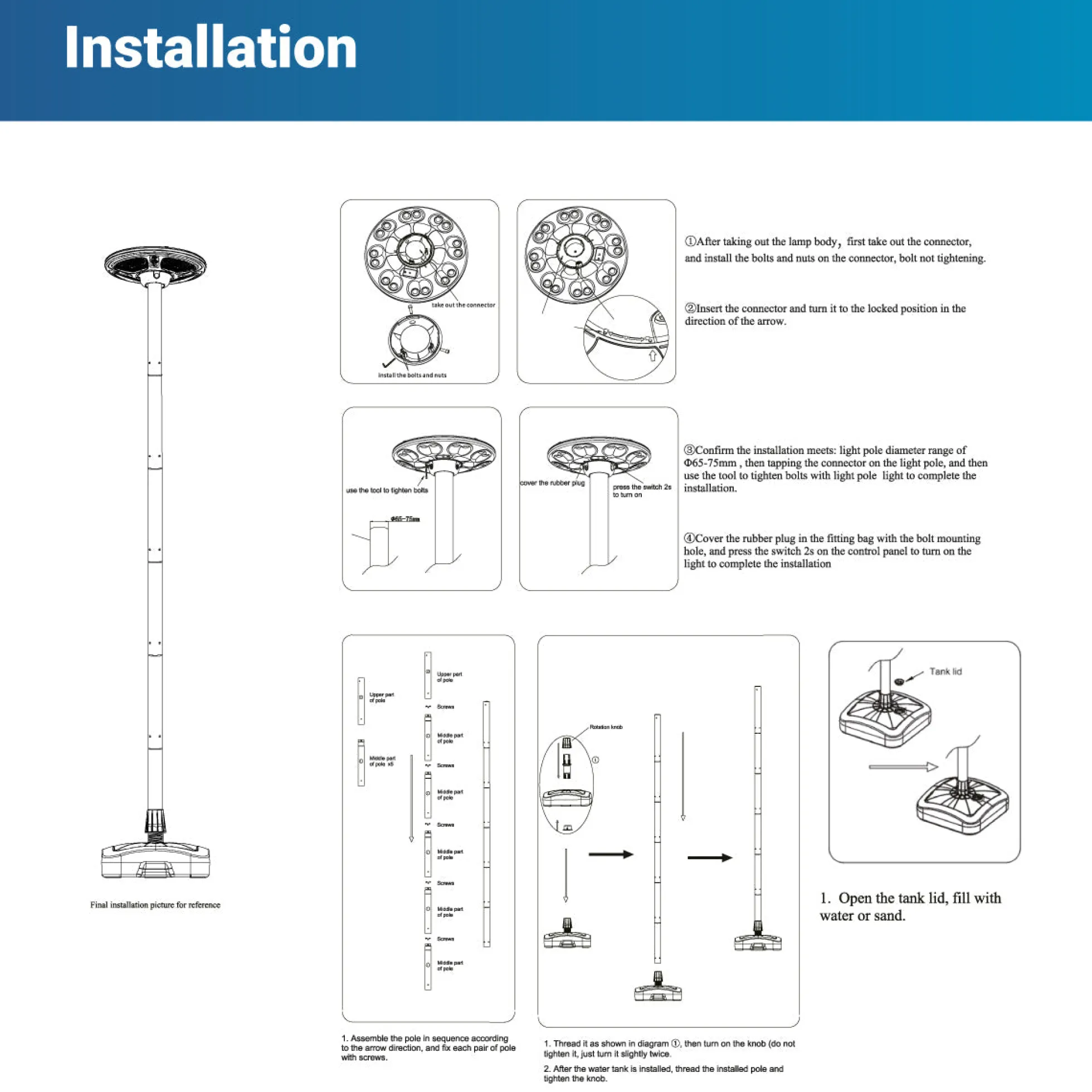 Farola Solar LED 150W con Base Rellenable de Agua o Arena | 6500K IP54 · Mando y Sensor PIR