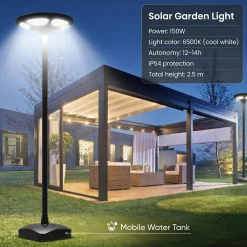 Farola Solar LED 150W con Base Rellenable de Agua o Arena | 6500K IP54 · Mando y Sensor PIR