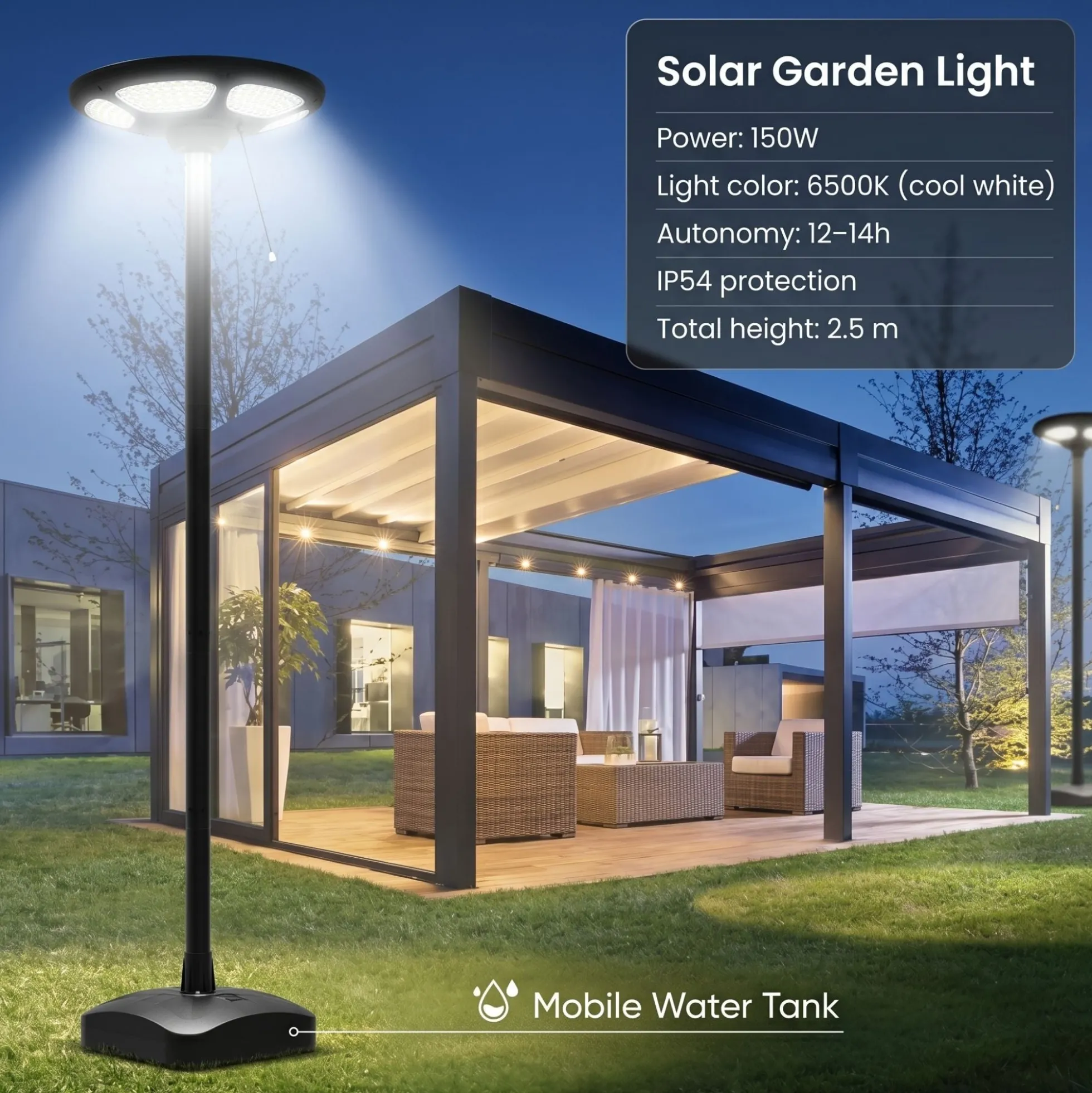 Farola Solar LED 150W con Base Rellenable de Agua o Arena | 6500K IP54 · Mando y Sensor PIR