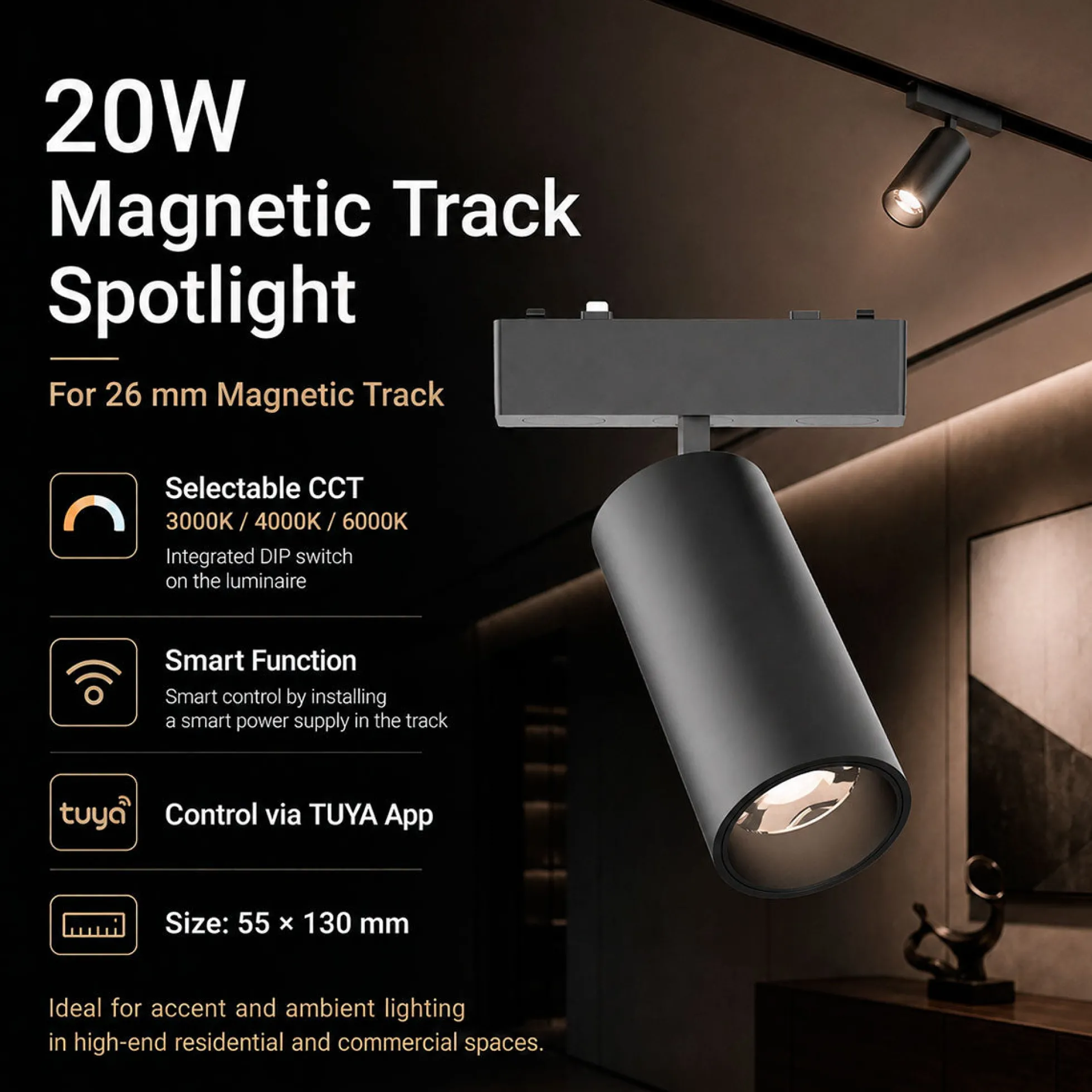 Foco LED orientable para carril magnético - 20W - 26mm - 24° - CCT + SMART - 48V