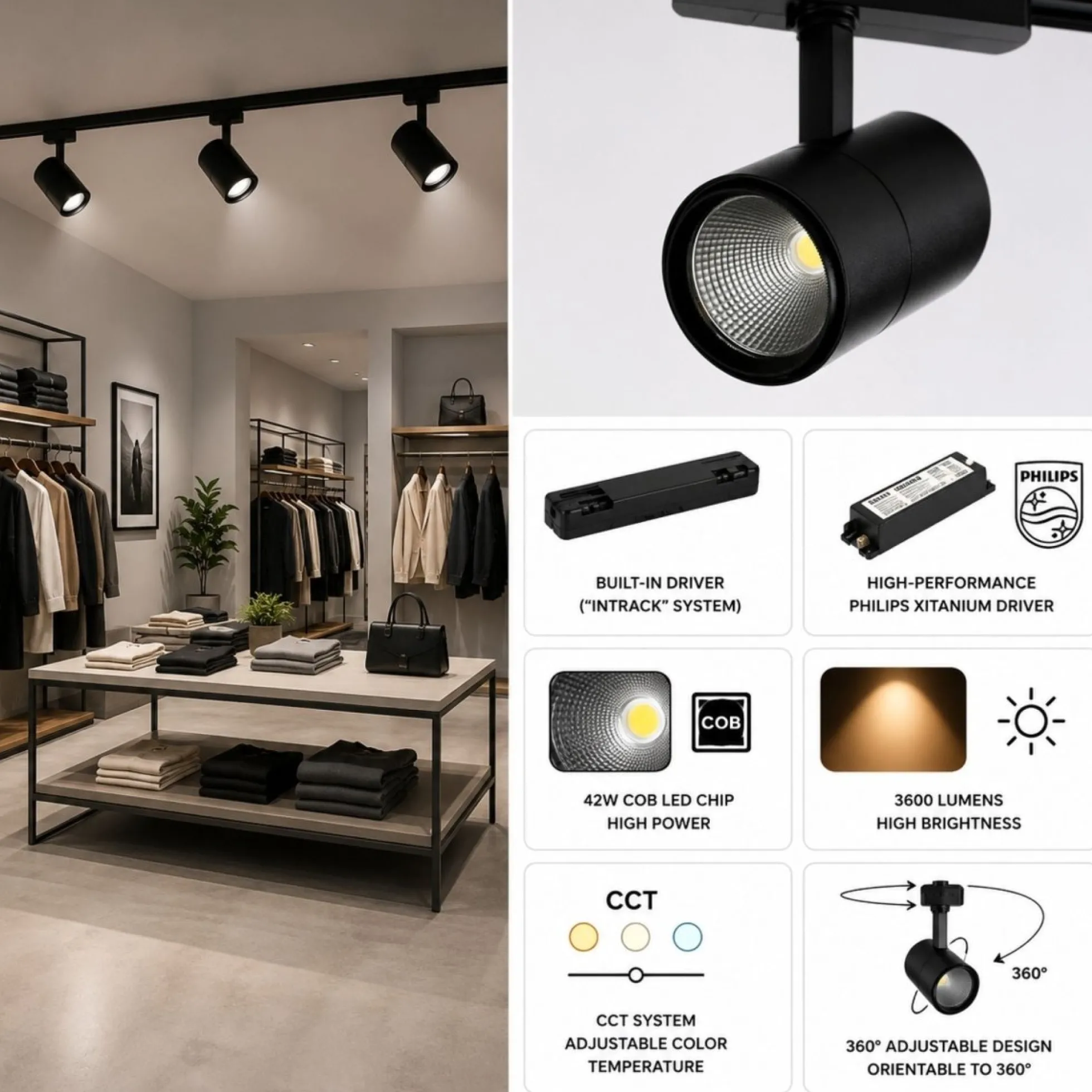 Foco LED para carril trifásico CCT 42W - CRI 95 - Driver Philips Xitanium integrado