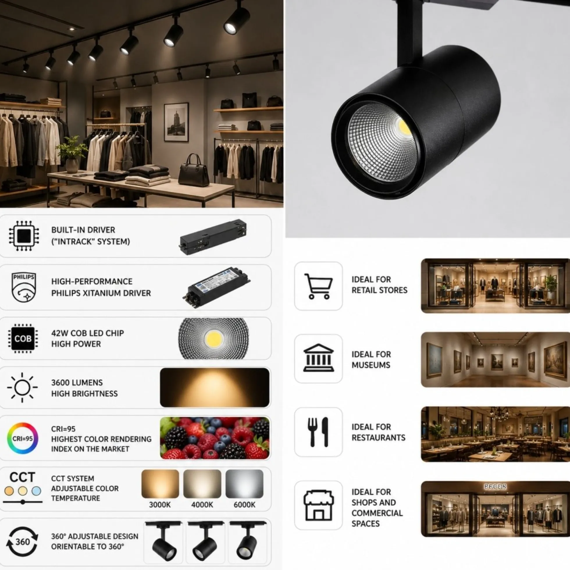 Foco LED para carril trifásico CCT 42W - CRI 95 - Driver Philips Xitanium integrado