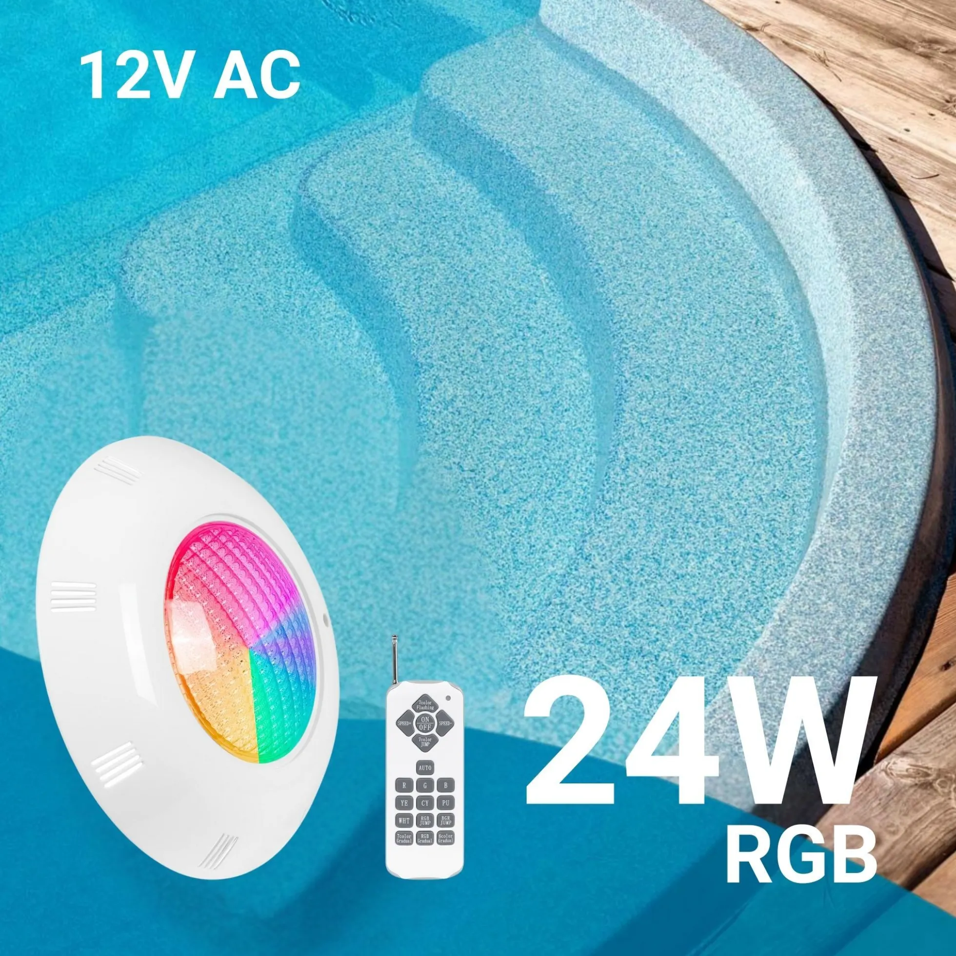Foco LED sumergible para piscina de fibra - 12V AC - 24W - IP68 - Ø295mm