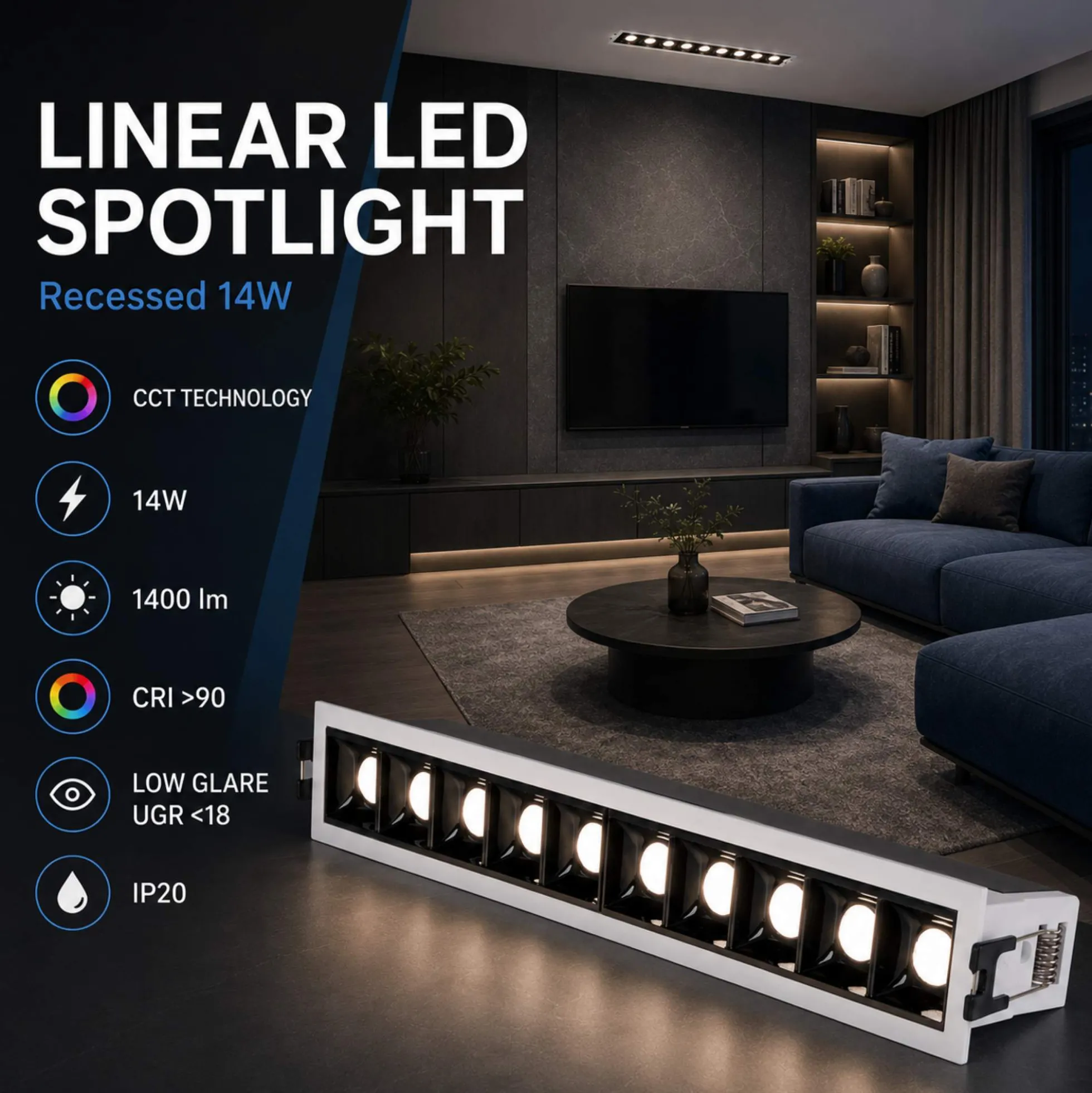 Foco lineal LED empotrable 14W - CCT - UGR18 - CRI90 - IP20