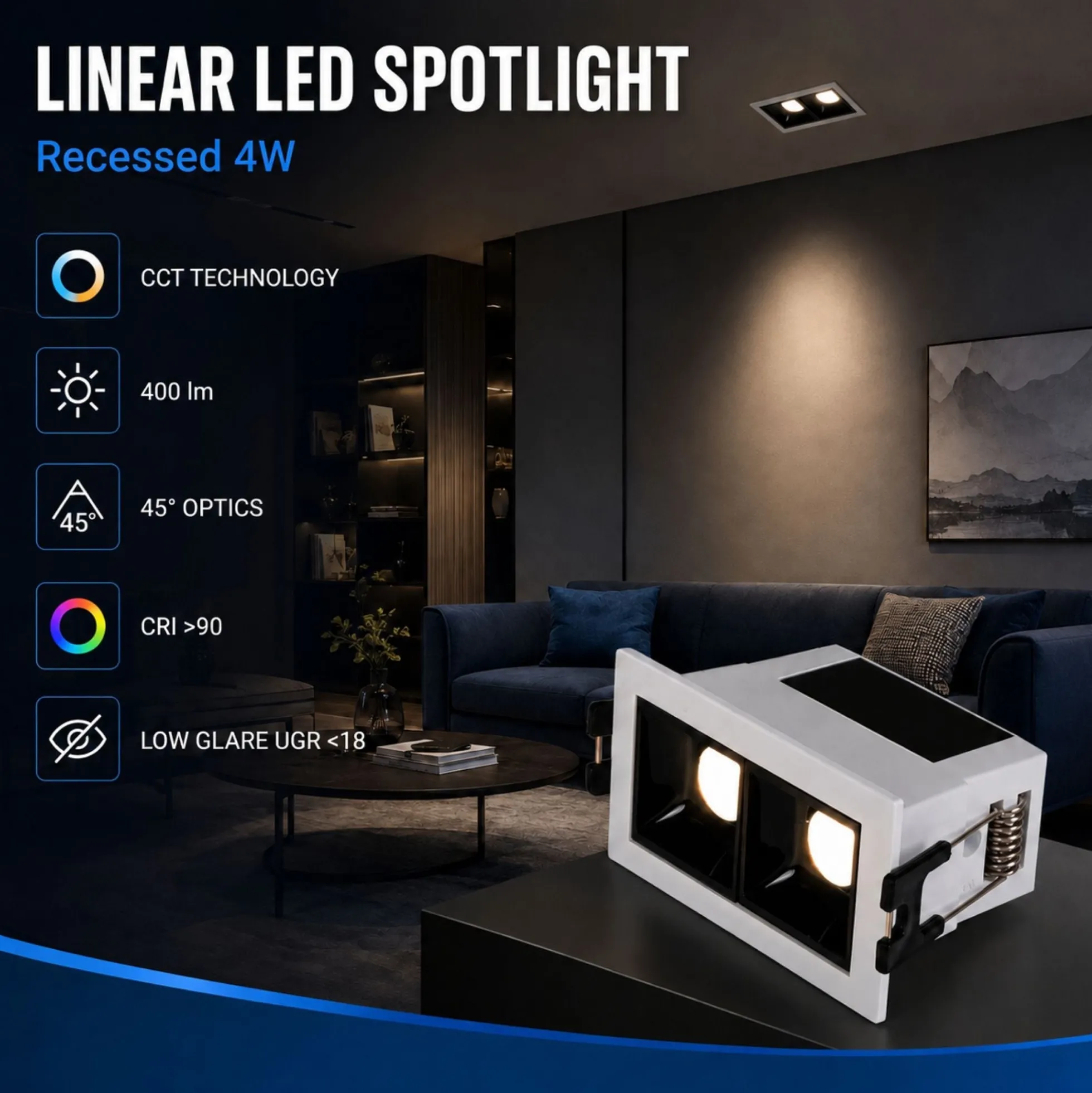 Foco lineal LED empotrable 4W - CCT - UGR18 - CRI90 - IP20
