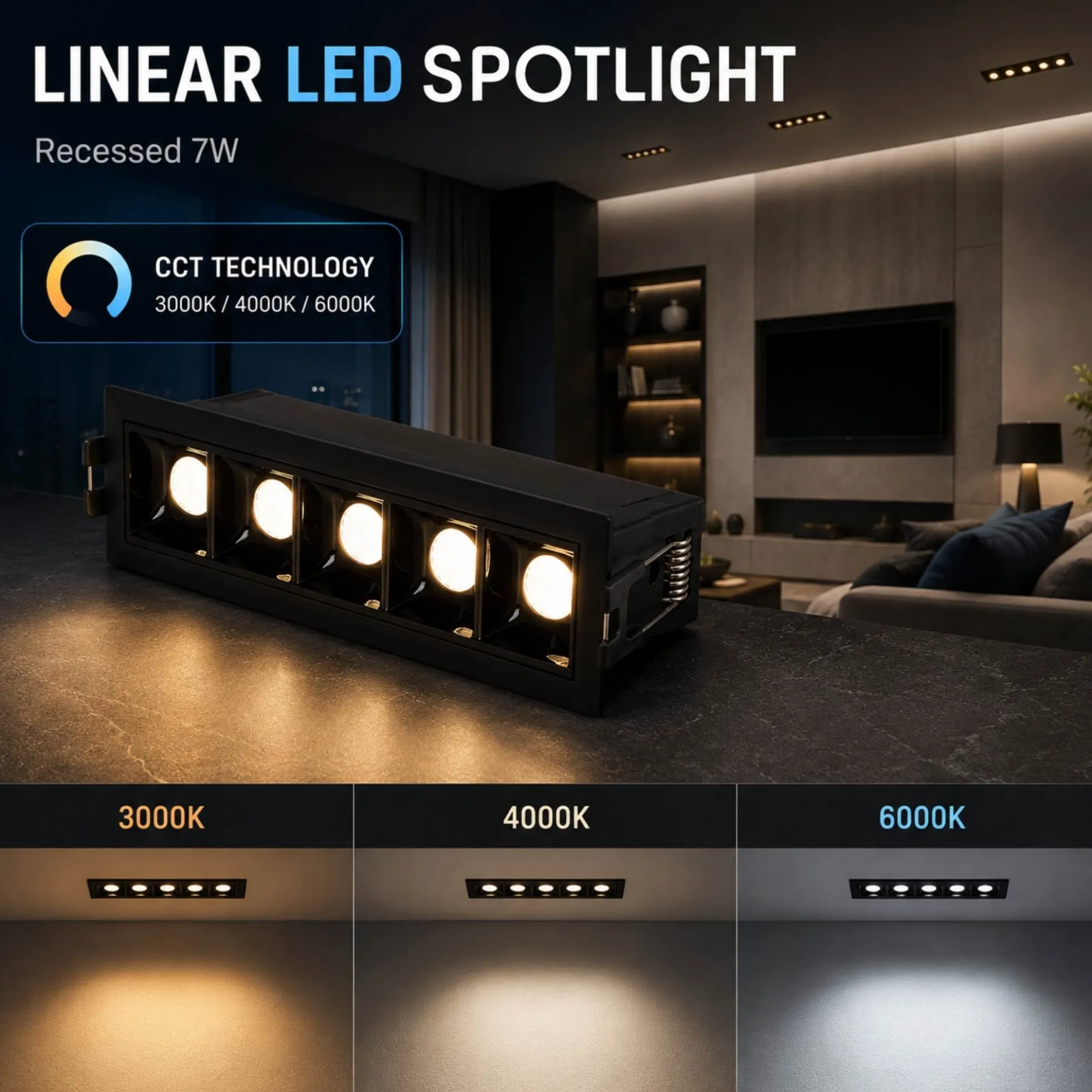 Foco lineal LED empotrable 7W - CCT - UGR18 - CRI90 - IP20