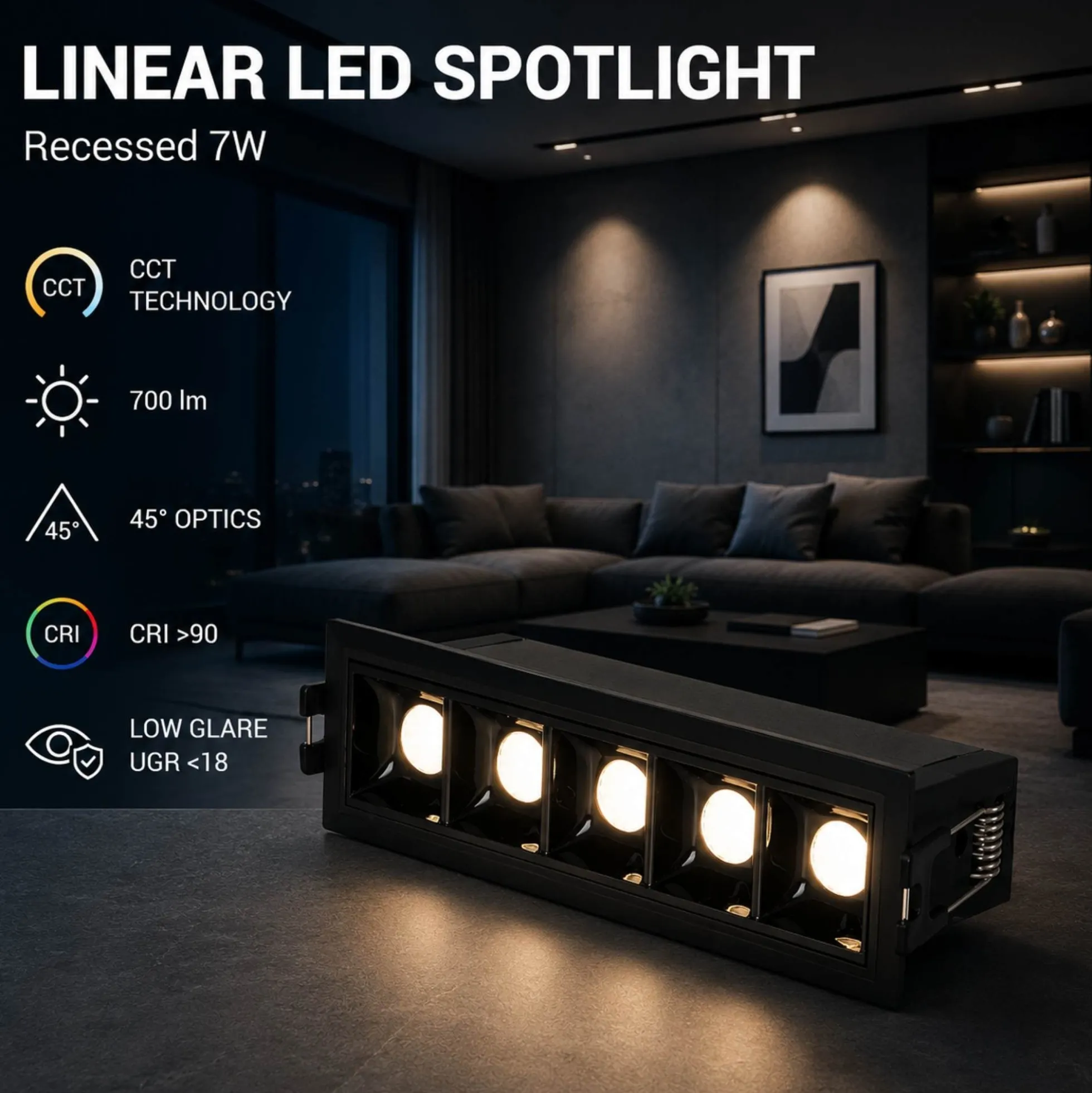 Foco lineal LED empotrable 7W - CCT - UGR18 - CRI90 - IP20