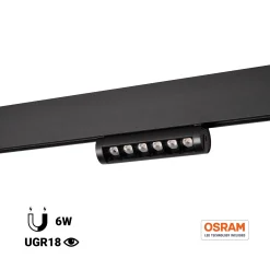 Foco lineal orientable para carril magnético 48V- 6W - Chip OSRAM - UGR18 - CRI90
