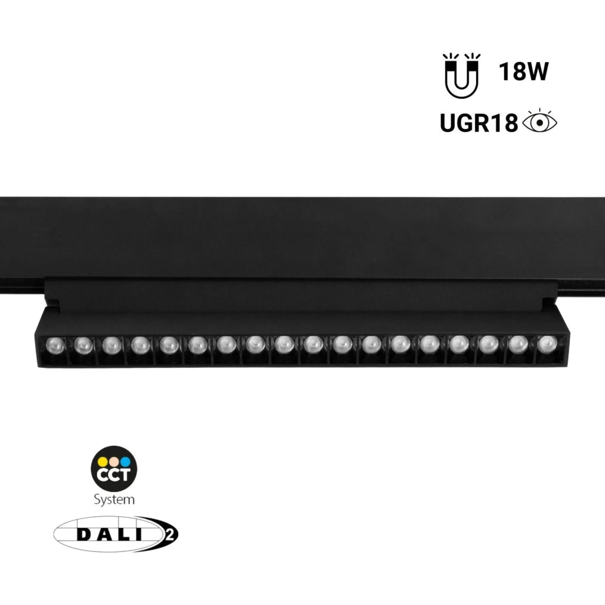 Foco lineal orientable para carril magnético 48V CCT - 18W - Regulación DALI-2 - UGR18