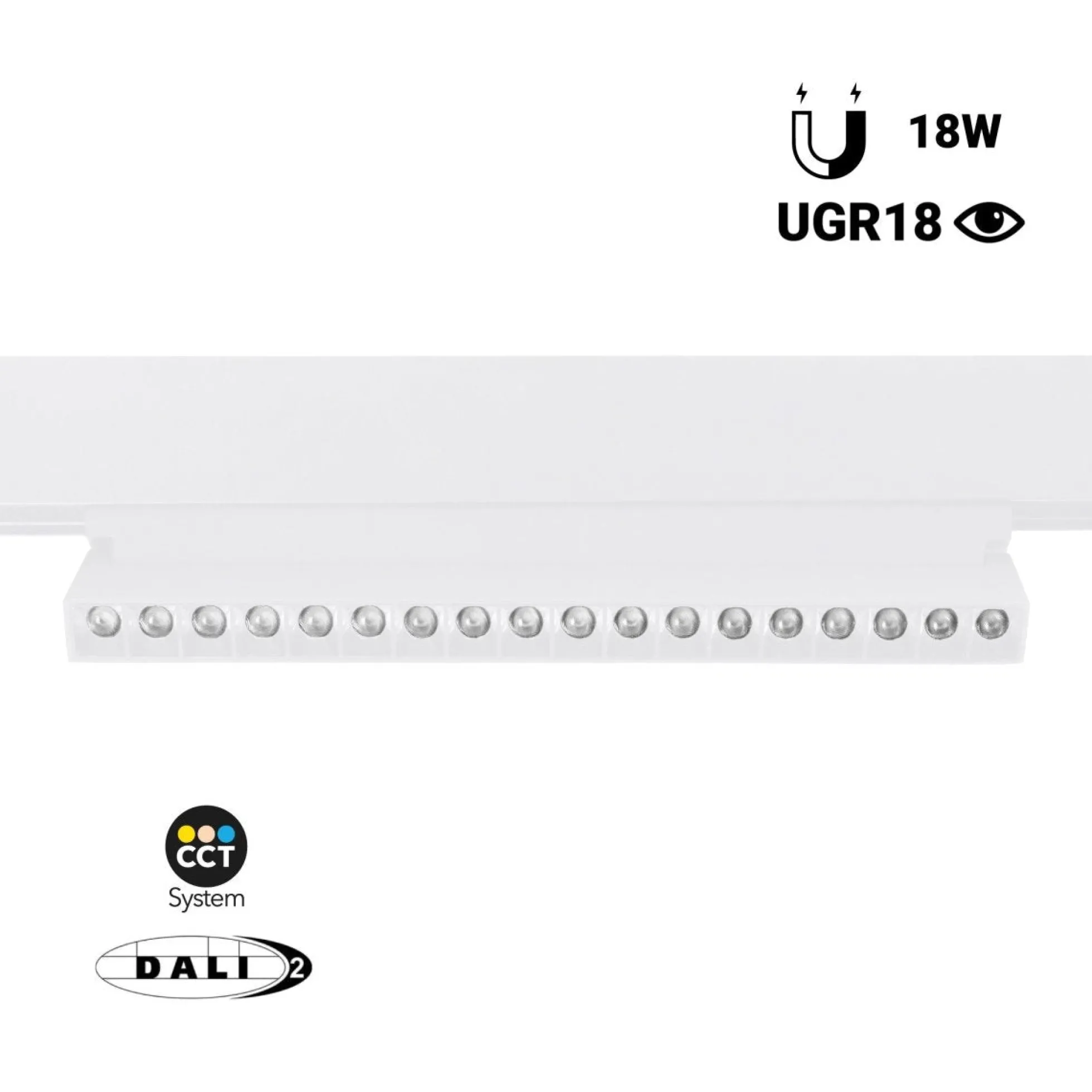 Foco lineal orientable para carril magnético 48V CCT - 18W - Regulación DALI-2 - UGR18