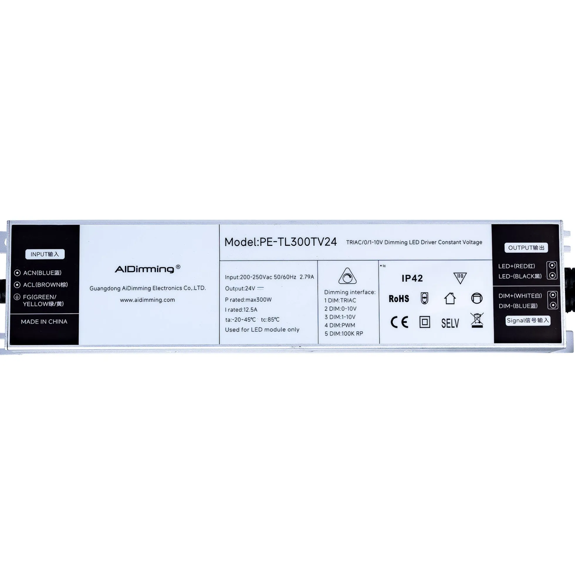 Fuente de alimentación dimmable TRIAC/0-10V 200-250V - Salida 24V - 12,5A - 300W