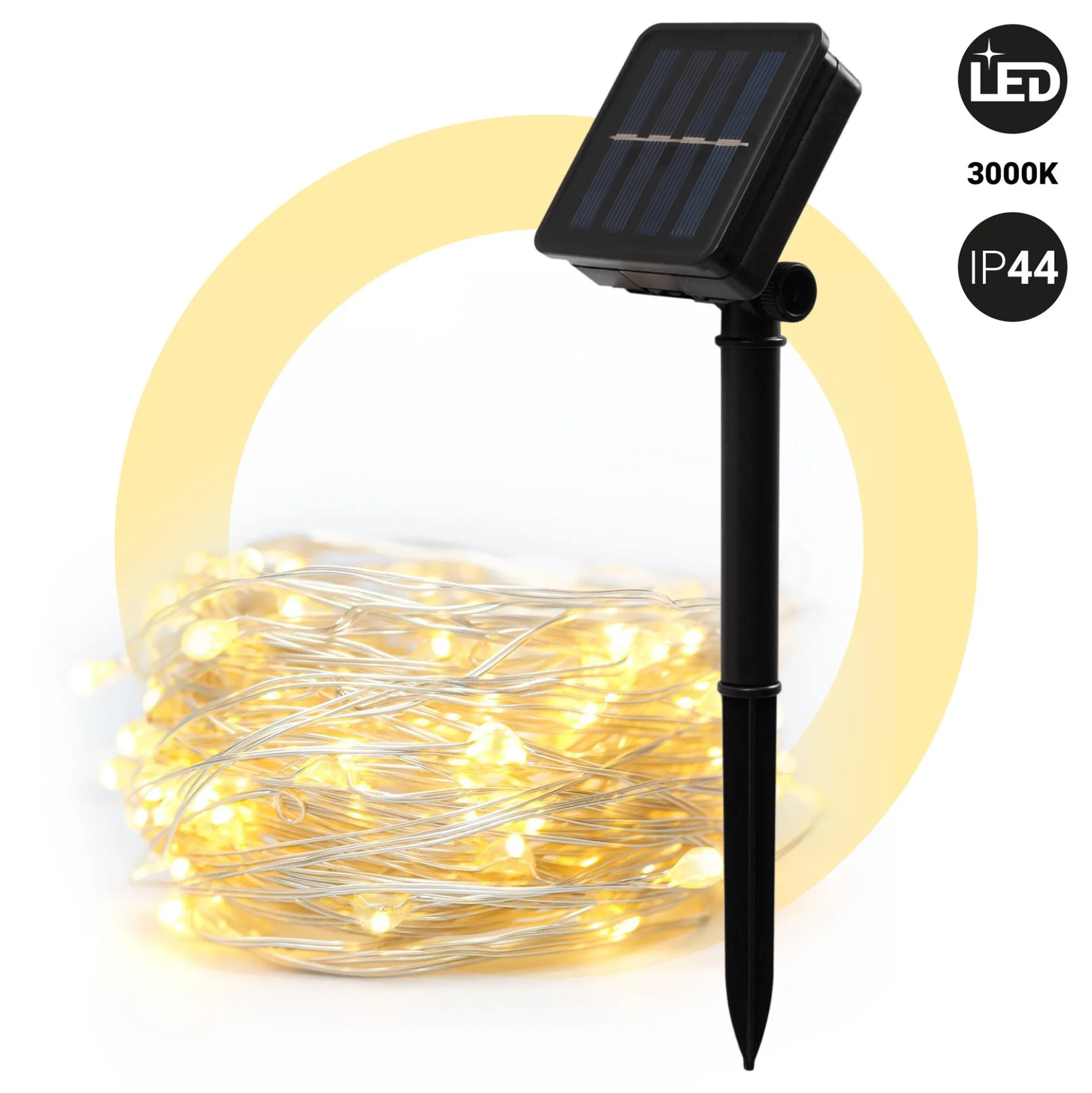 Guirnalda solar en alambre plateado - IP44 - 100 luces - Blanco cálido - 10 metros