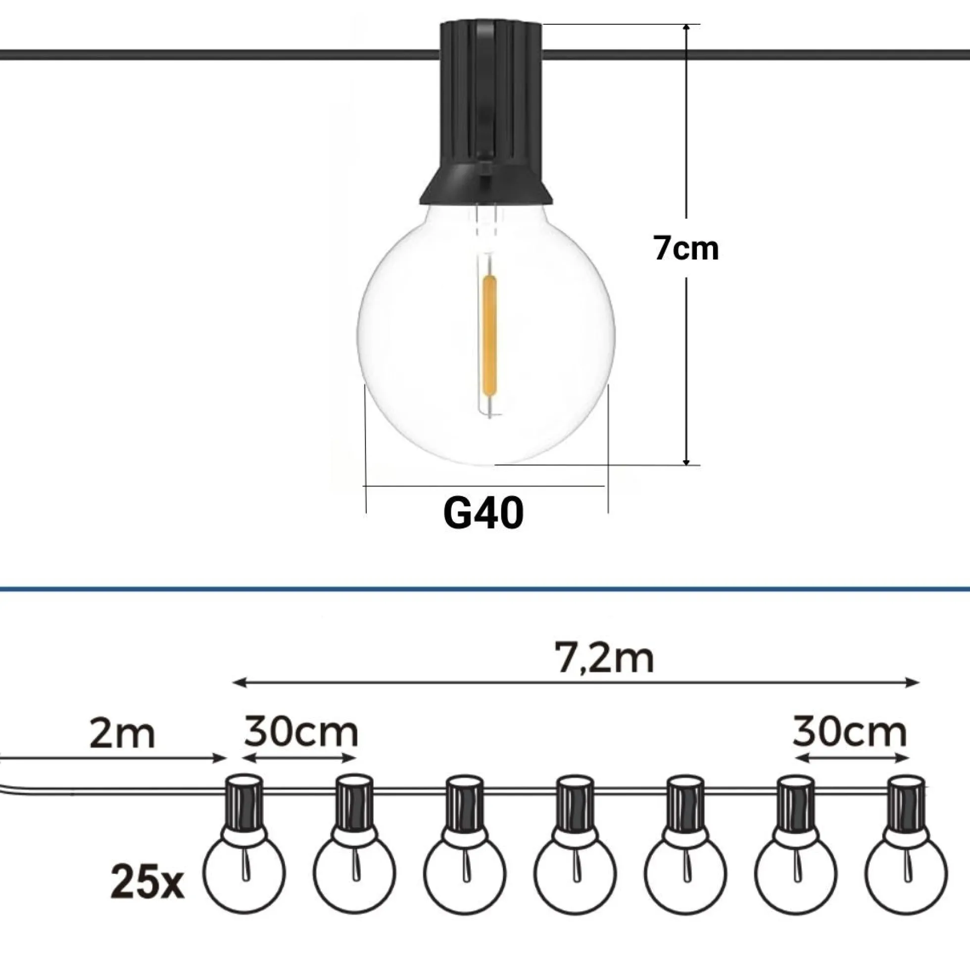 Guirnalda solar exterior - 25 Bombillas LED filamento E10 - IP44 - 9,2 metros