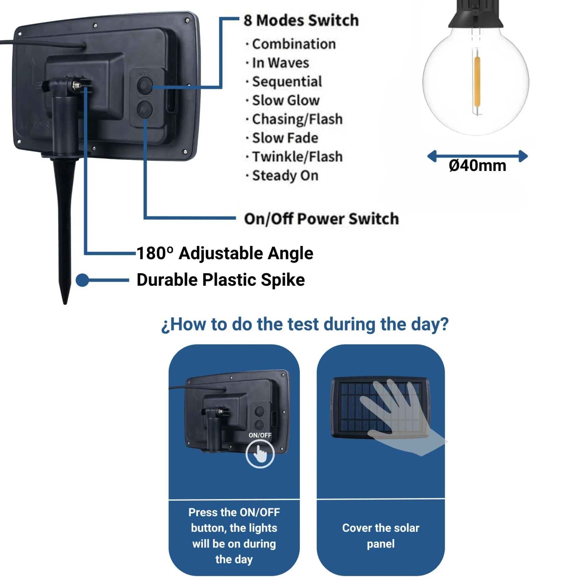 Guirnalda solar exterior - 25 Bombillas LED filamento E10 - IP44 - 9,2 metros