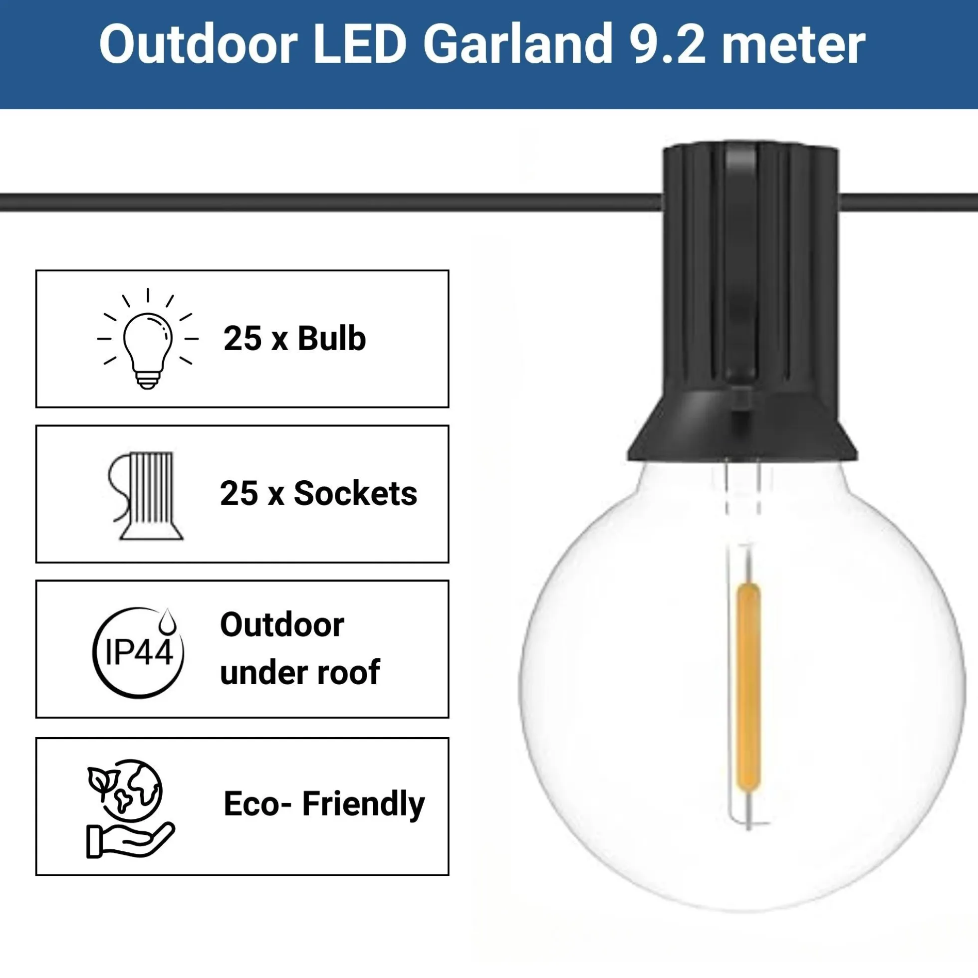 Guirnalda solar exterior - 25 Bombillas LED filamento E10 - IP44 - 9,2 metros