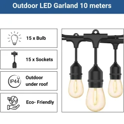 Guirnalda solar exterior - 15 Bombillas LED filamento E27 - IP44 - 10 metros