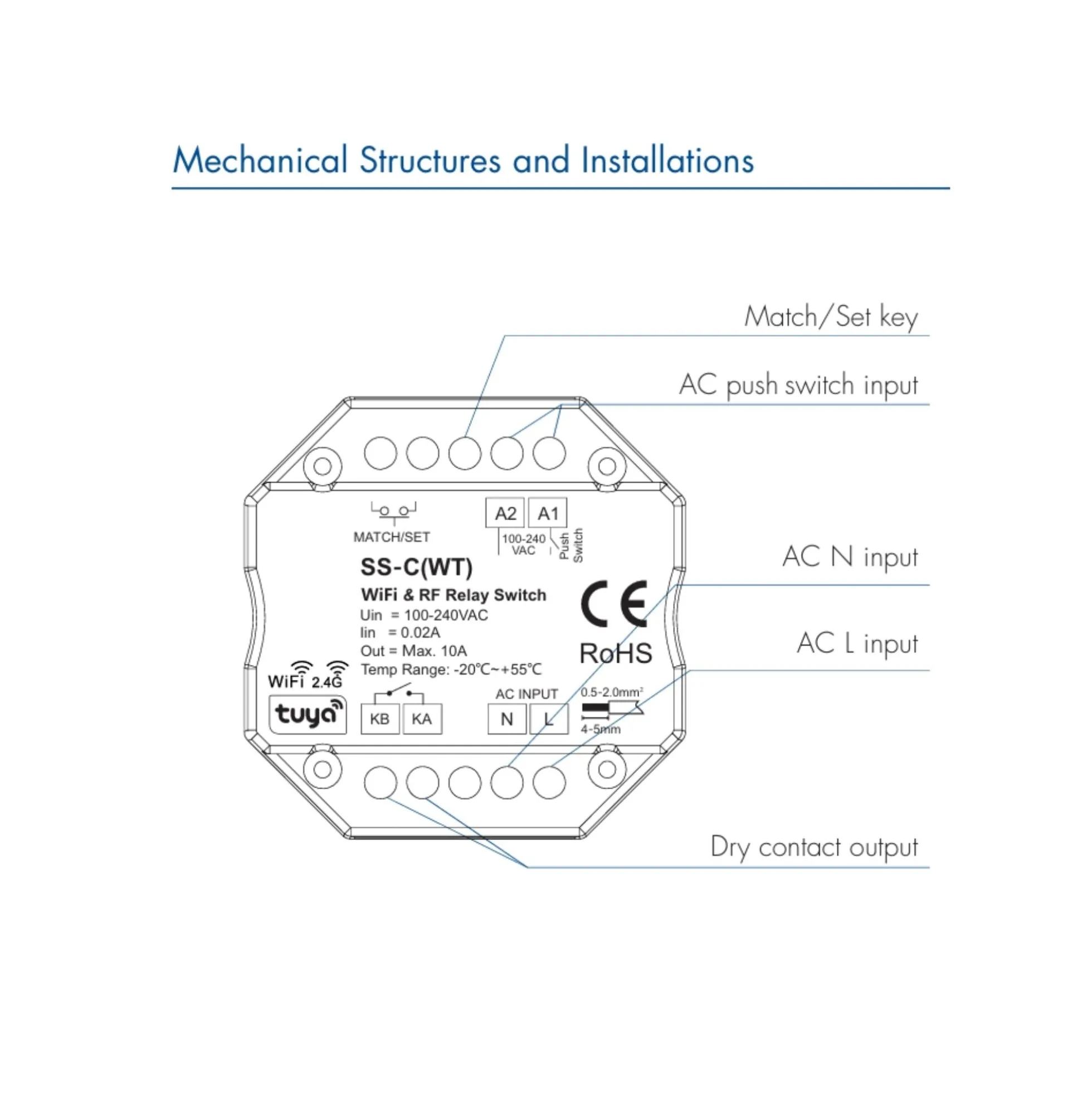 Interruptor Relay - WiFi+RF - 100-240V AC - 10A-8A-6A - TUYA - Skydance