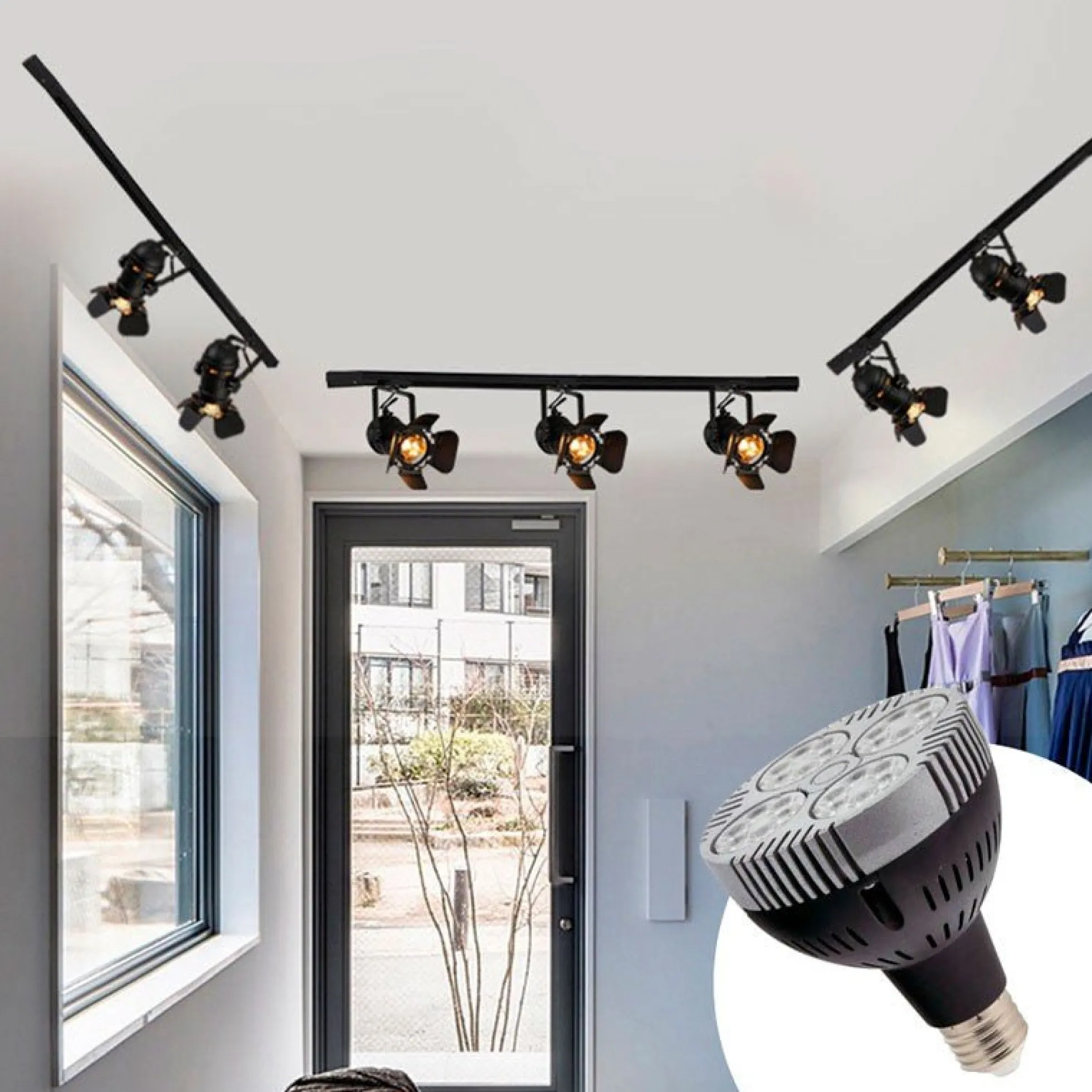 KIT Foco carril trifásico orientable "Cinema" + Bombilla LED PAR30 E27