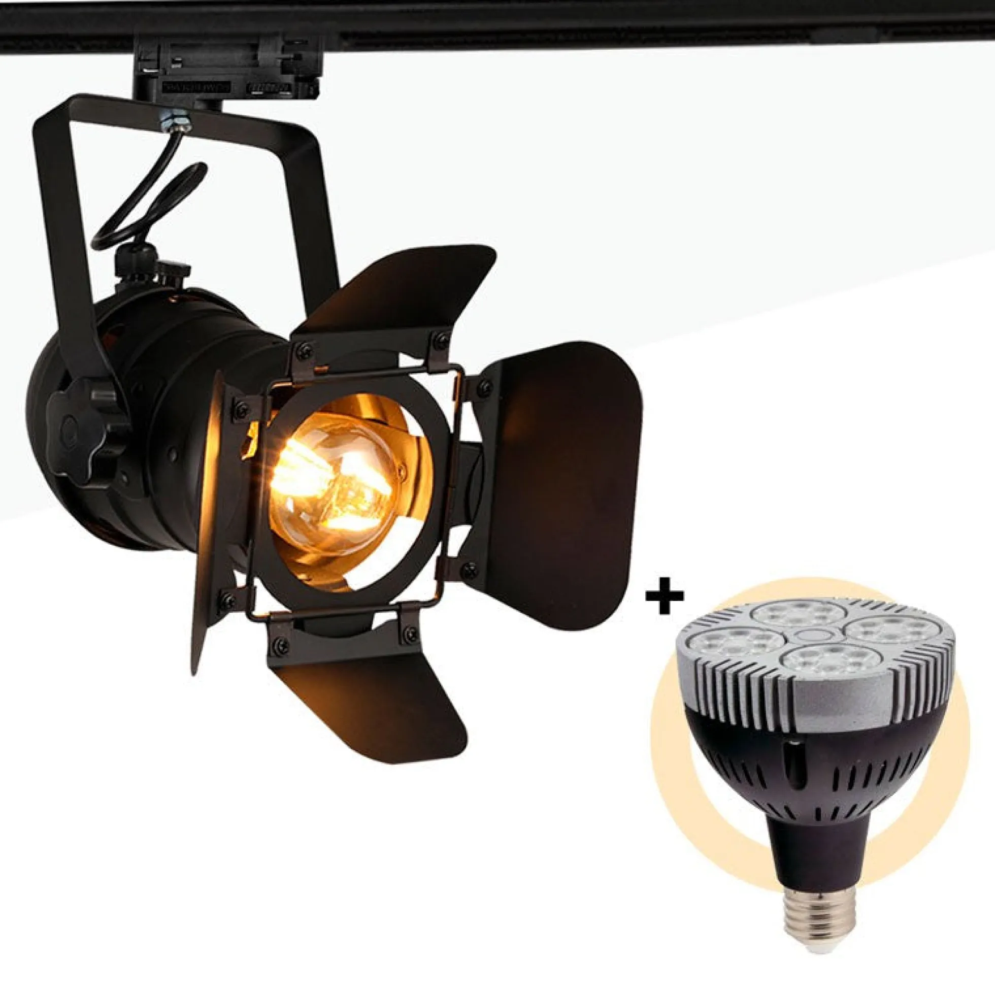 KIT Foco carril trifásico orientable "Cinema" + Bombilla LED PAR30 E27