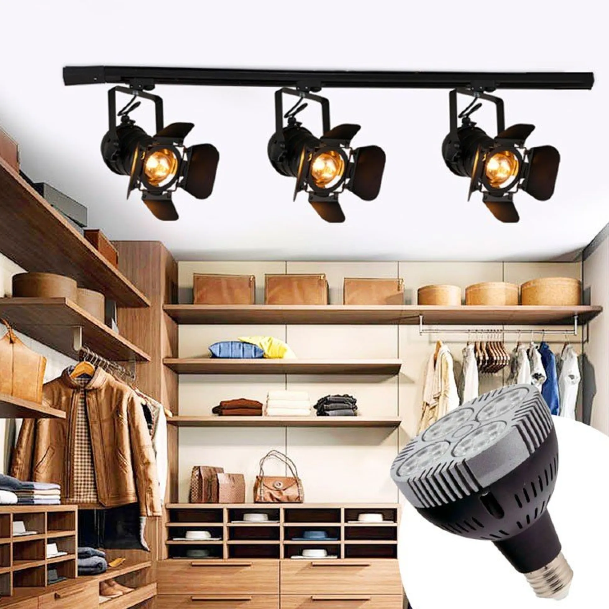KIT Foco carril trifásico orientable "Cinema" + Bombilla LED PAR30 E27