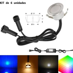 Kit 6 focos LED empotrables en suelo 0,3W 12V-DC IP67