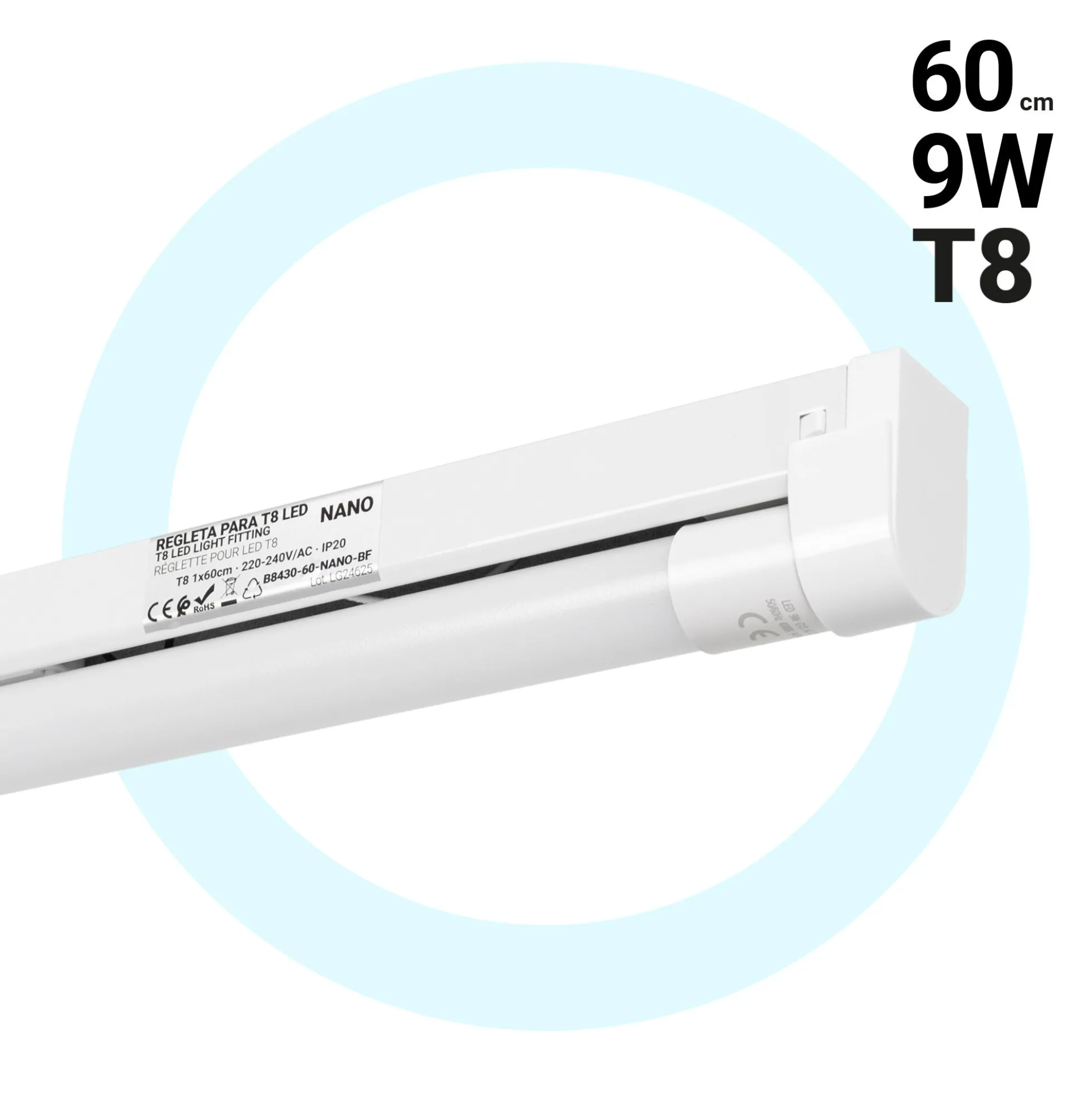 Kit regleta portatubos + tubo LED T8 - 9W - 60cm