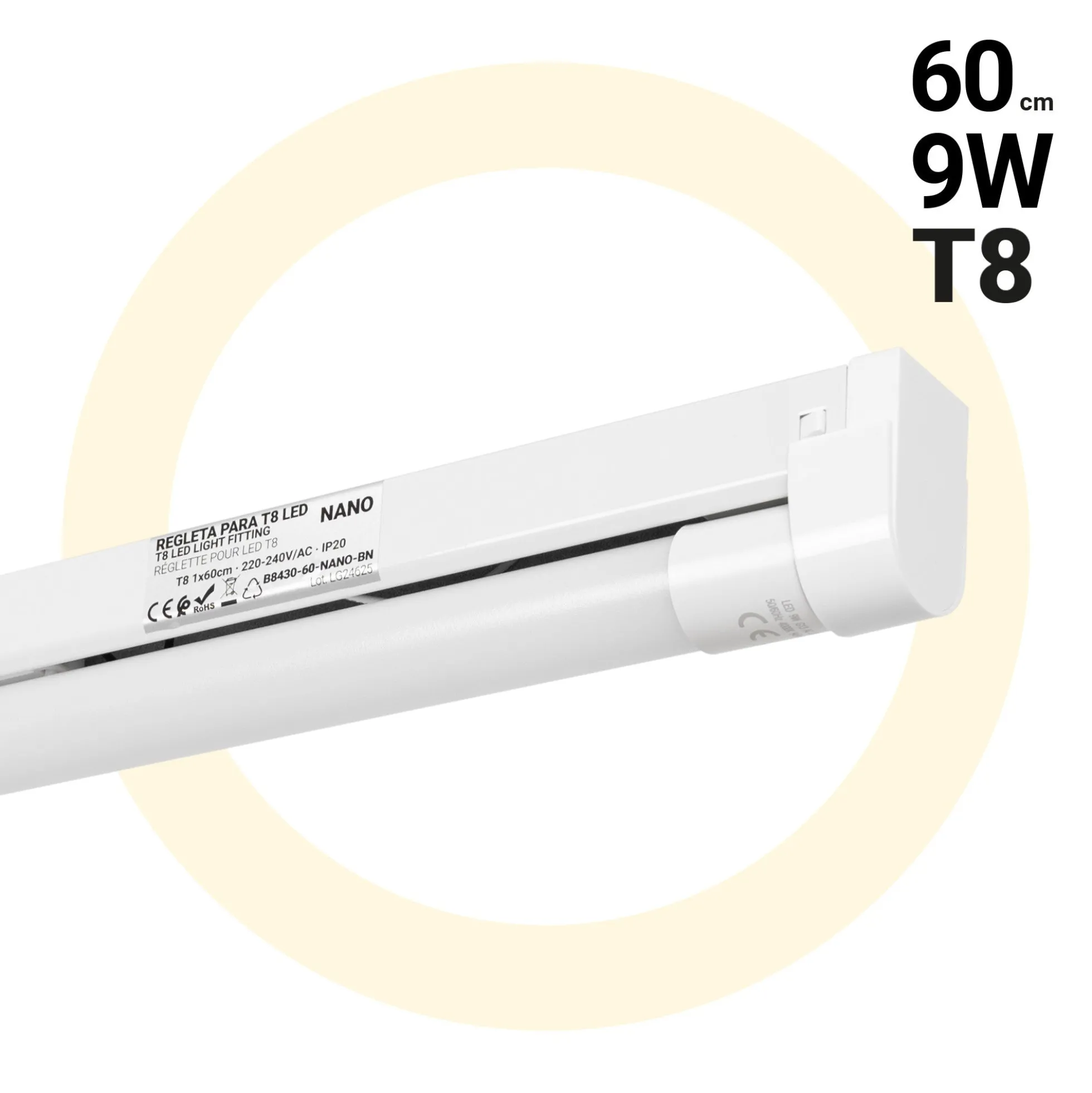 Kit regleta portatubos + tubo LED T8 - 9W - 60cm