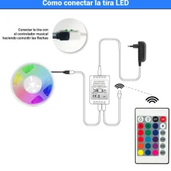 Kit tira LED RGB 5m con fuente, mando y controlador compatible 12V y 24V