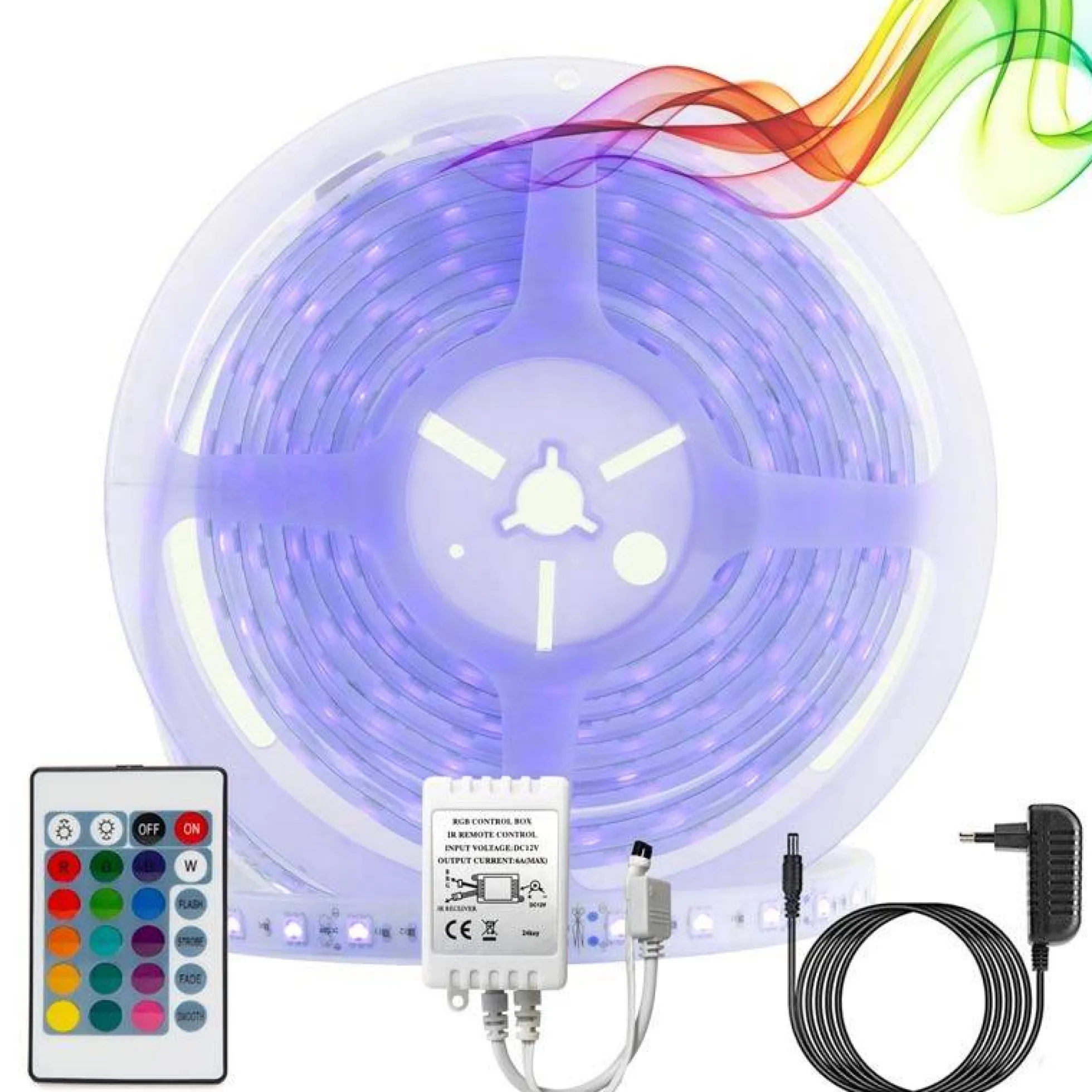 Kit tira LED RGB 5m con fuente, mando y controlador compatible 12V y 24V