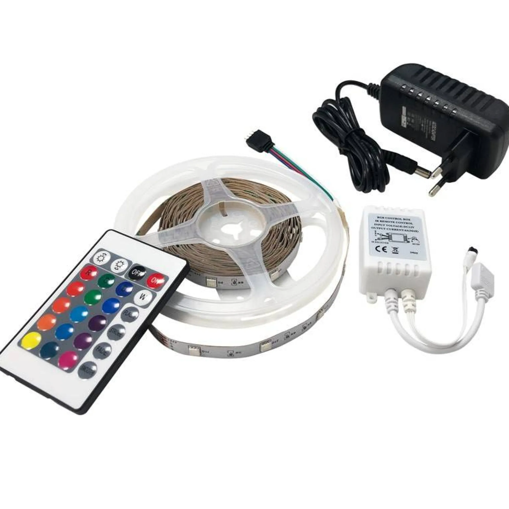Kit tira LED RGB 5m con fuente, mando y controlador compatible 12V y 24V