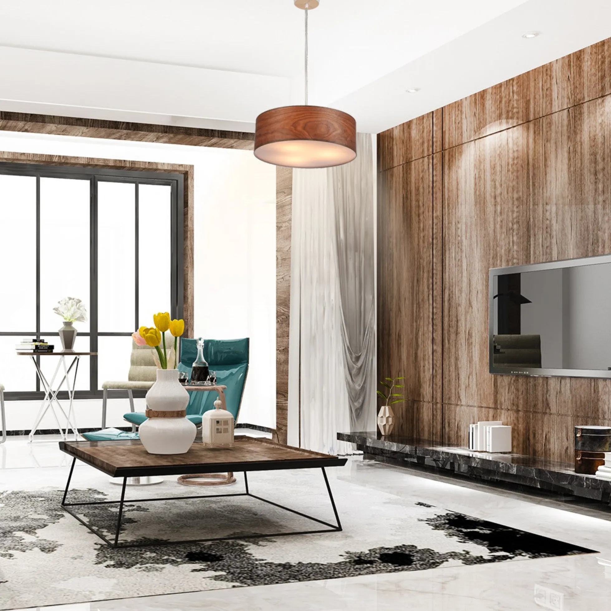 Lampara colgante con pantalla efecto madera "MATAGALLS" - 3xE27