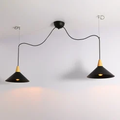 Lampara colgante doble metal y madera  