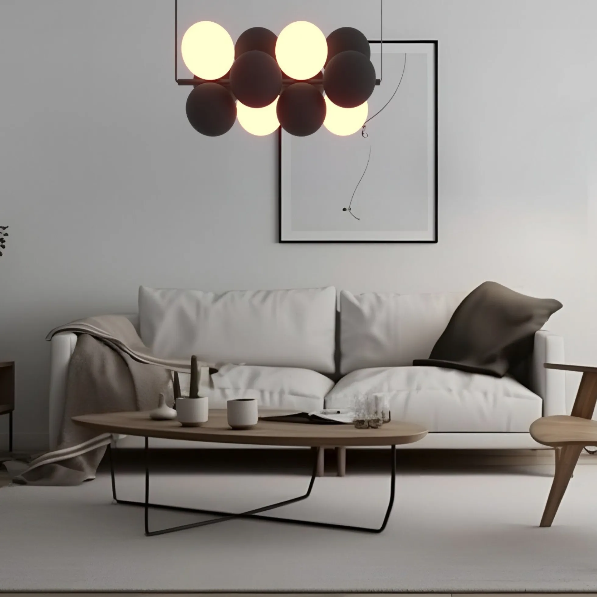Lámpara acústica colgante horizontal "DRAC" - 4 esferas luminosas y 8 esferas absorbentes