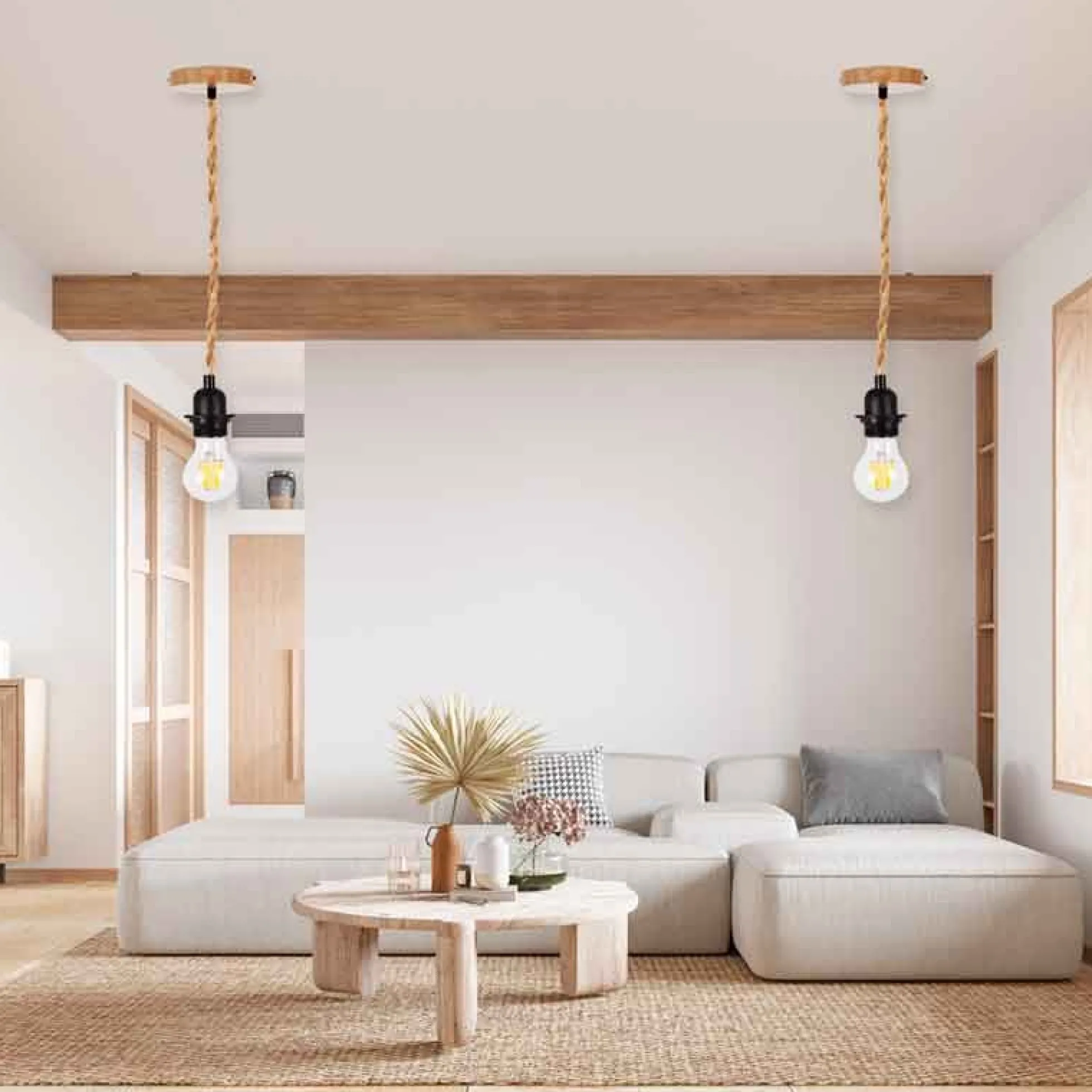 Lámpara colgante de madera y cuerda para bombilla E27 130cm