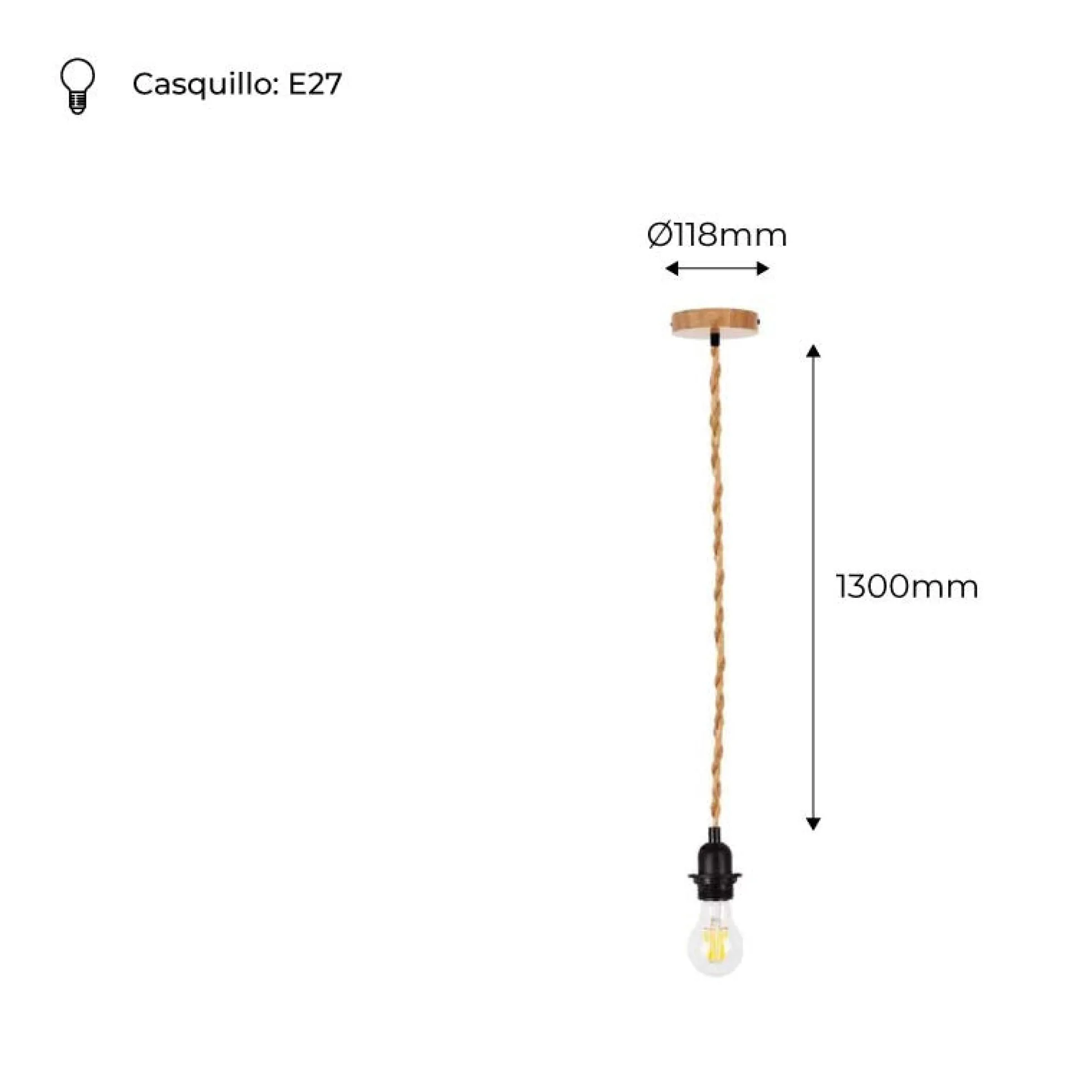 Lámpara colgante de madera y cuerda para bombilla E27 130cm