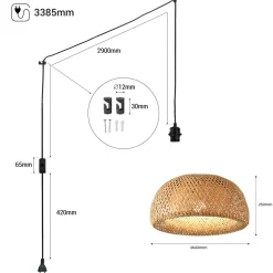 Lámpara colgante de mimbre con interruptor y enchufe