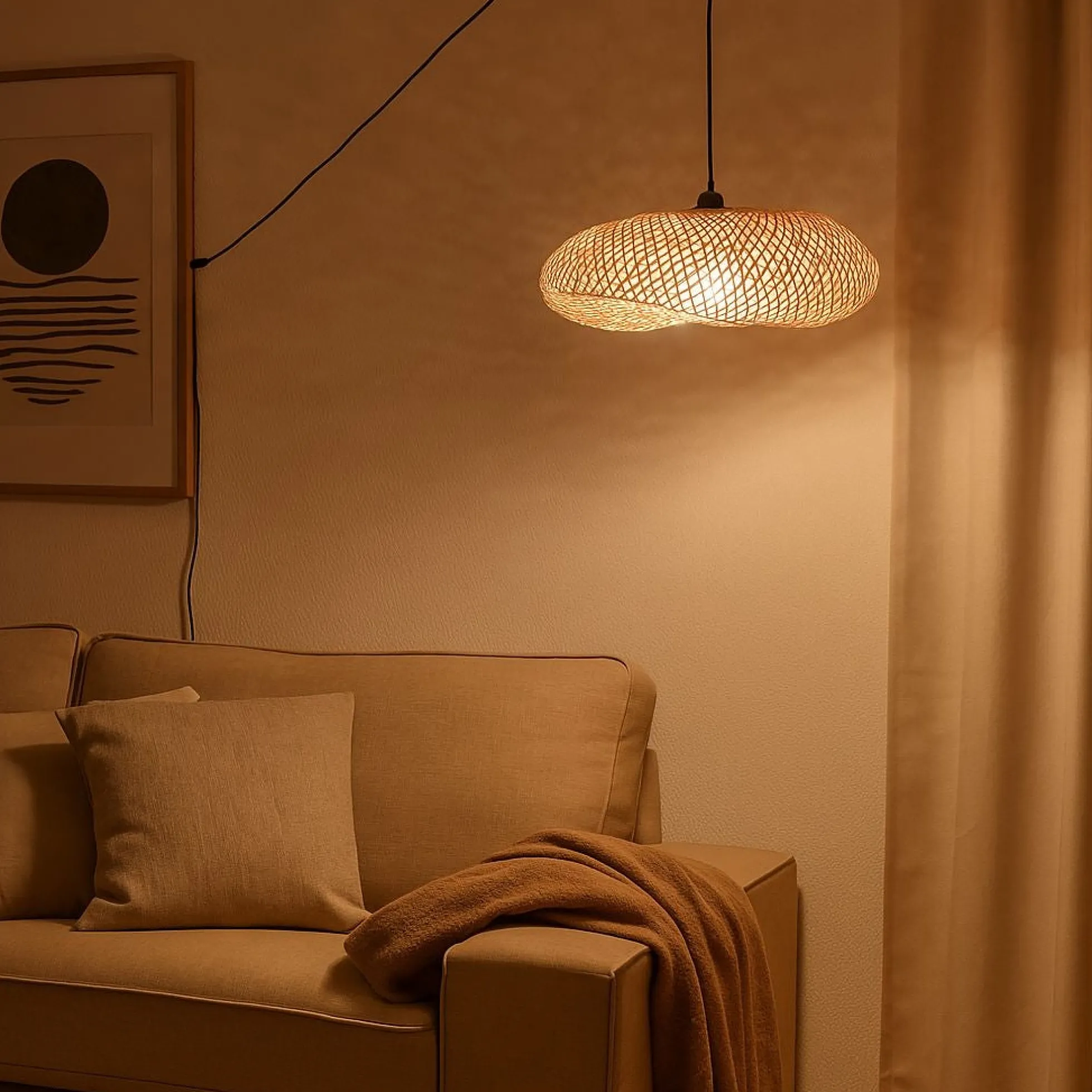 Lámpara colgante de mimbre "FREY" - Con interruptor y enchufe - E27