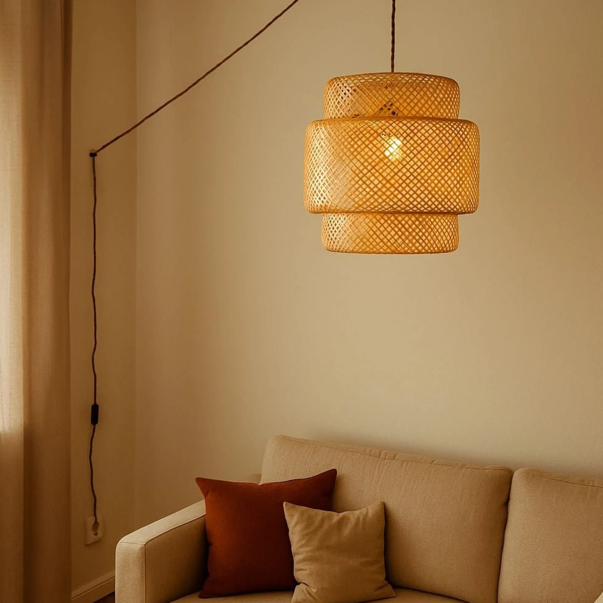 Lámpara colgante de mimbre "JENSEN" - Ø50cm - Con interruptor y enchufe - E27