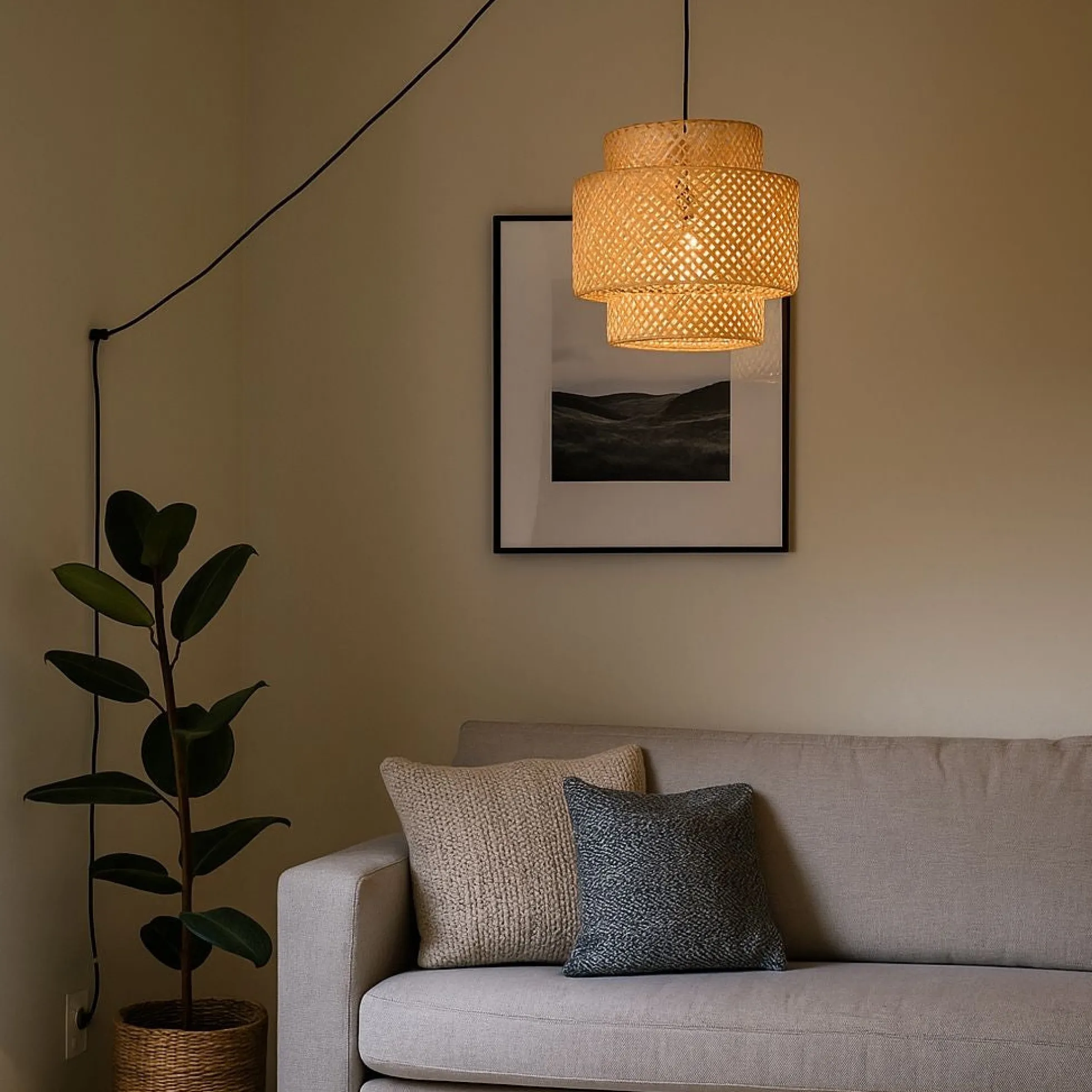 Lámpara colgante de mimbre "JENSEN" - Ø50cm - Con interruptor y enchufe - E27