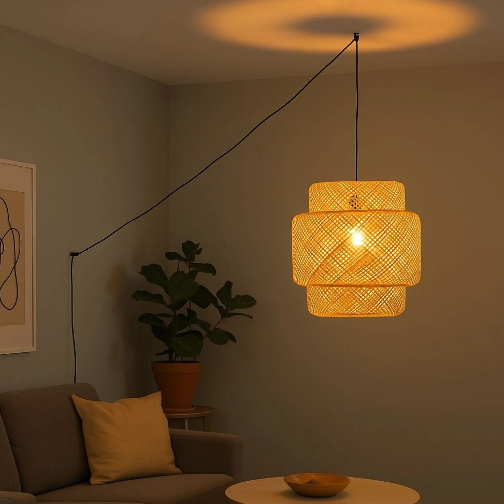 Lámpara colgante de mimbre "JENSEN" - Ø50cm - Con interruptor y enchufe - E27