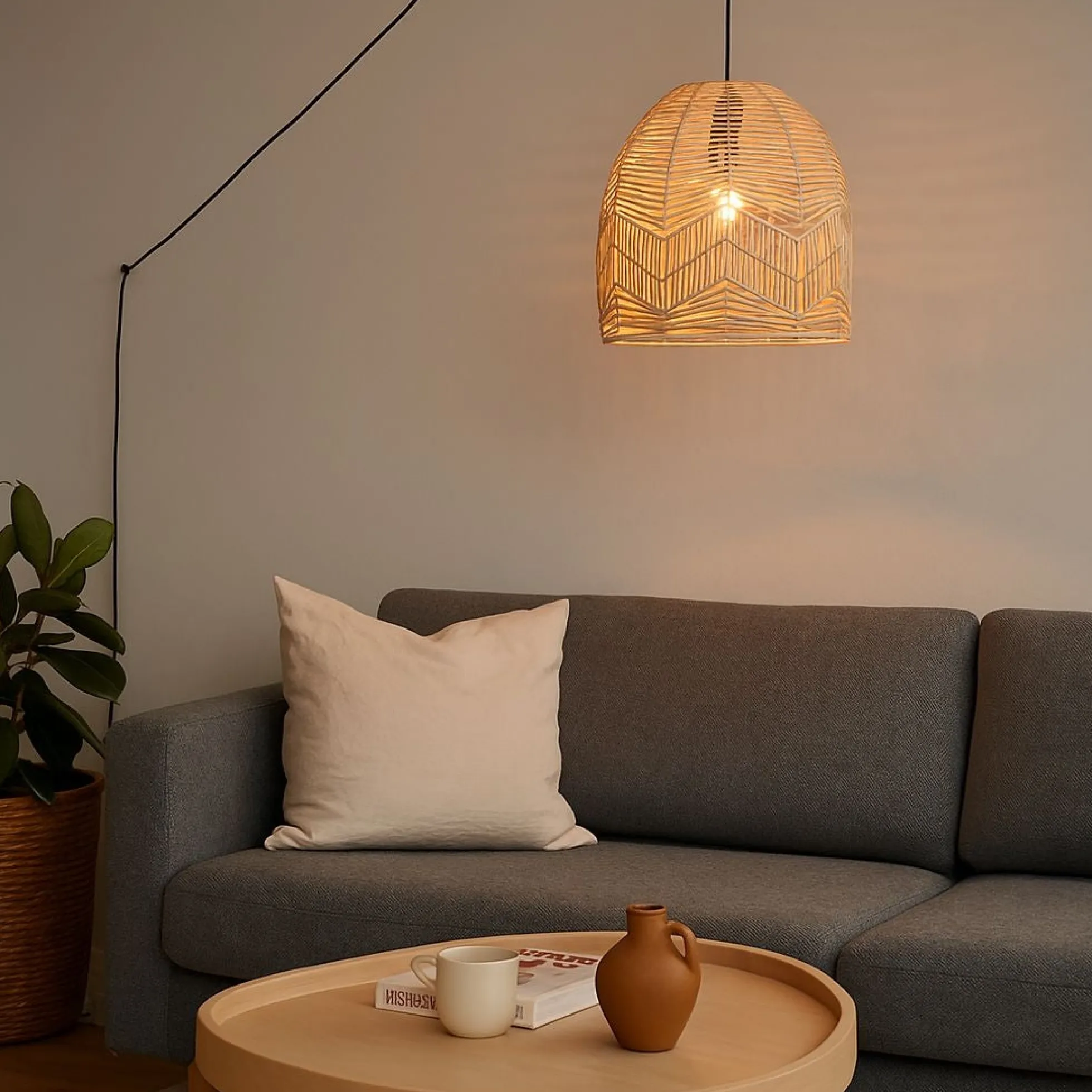 Lámpara colgante de mimbre "NORMA" - Ø35cm - Con interruptor y enchufe - E27