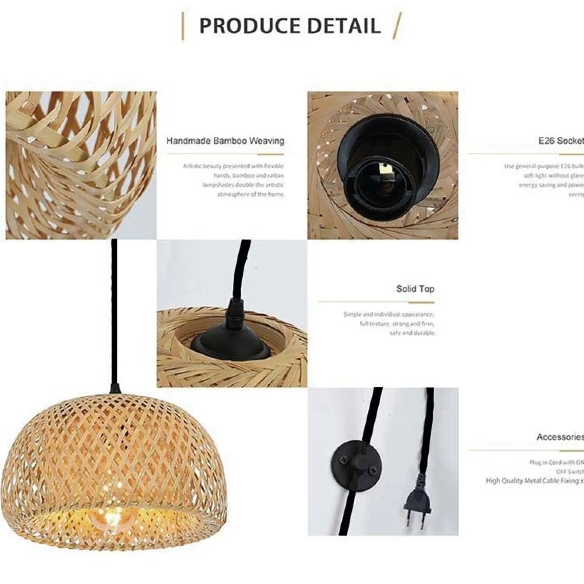 Lámpara colgante de mimbre "Yonna" con cable y enchufe