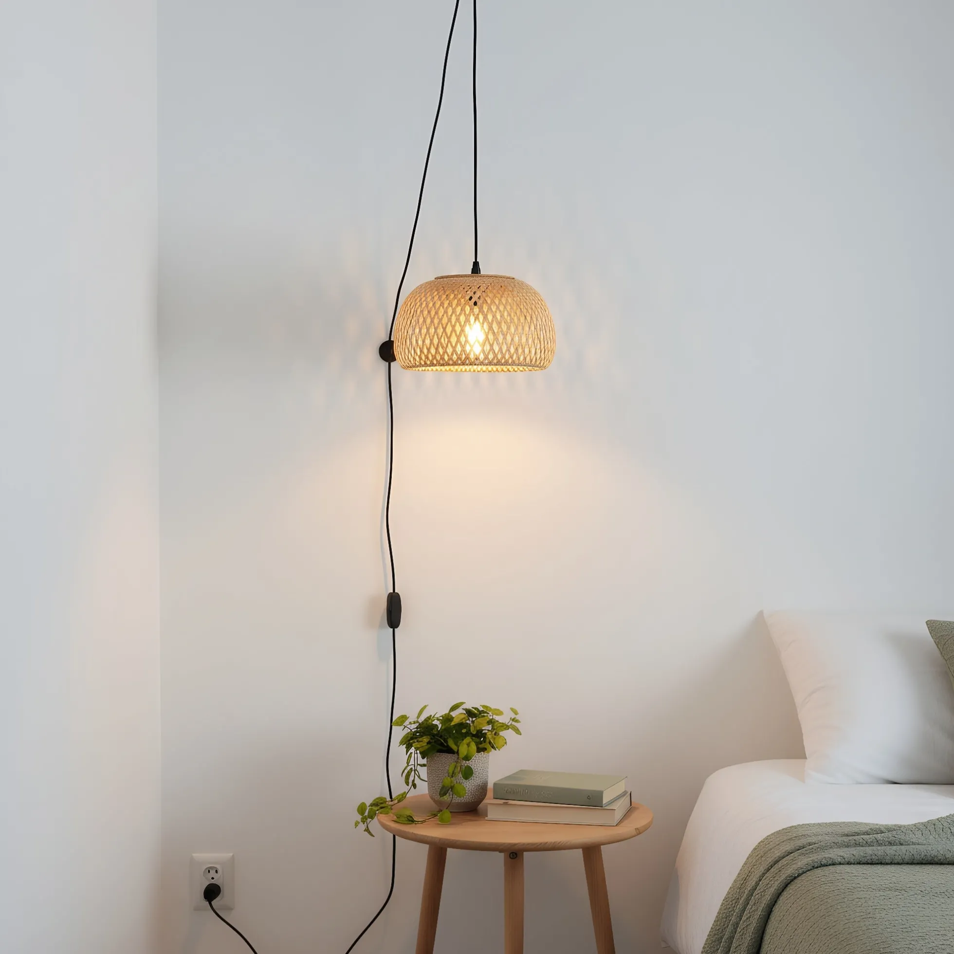 Lámpara colgante de mimbre "Yonna" con cable y enchufe