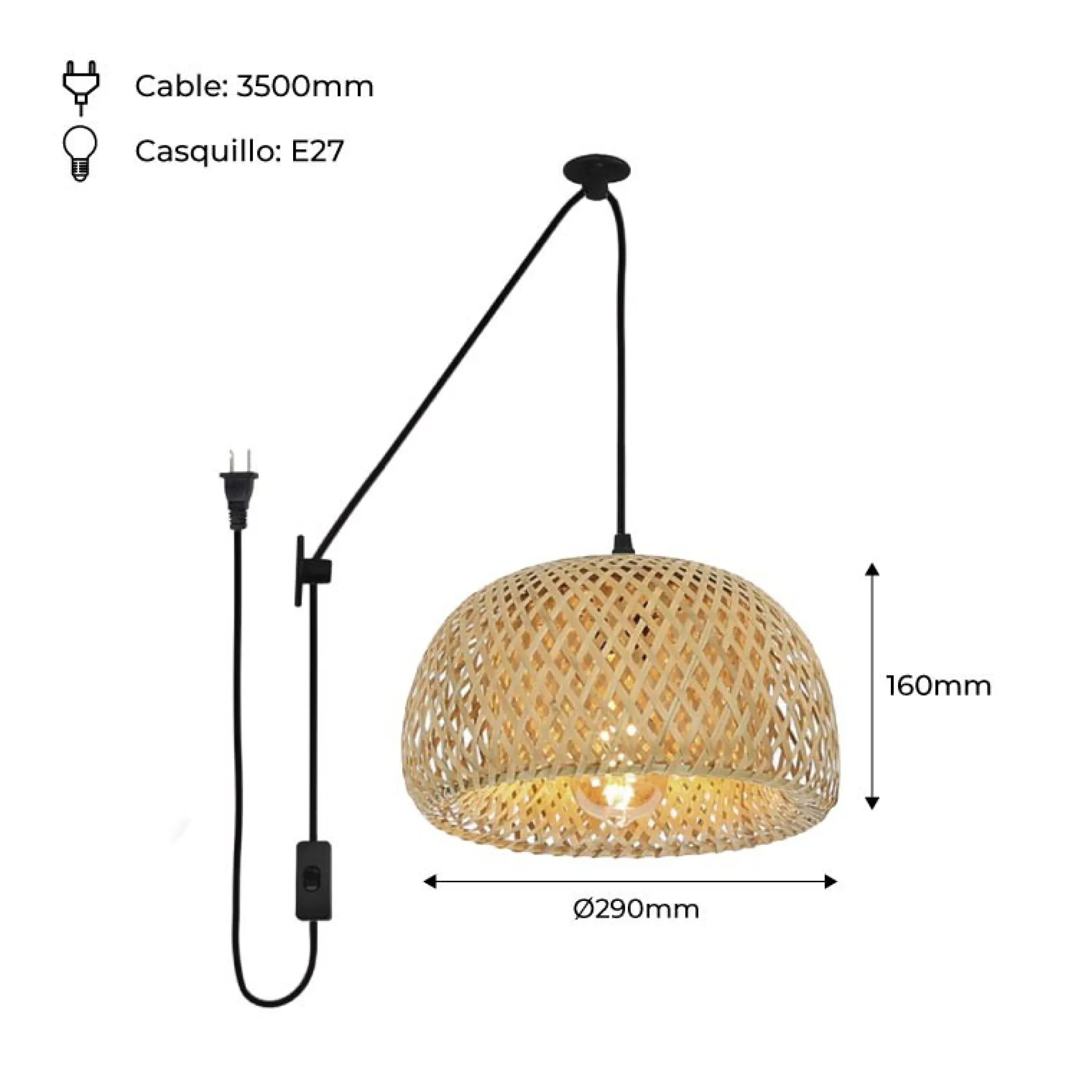 Lámpara colgante de mimbre "Yonna" con cable y enchufe