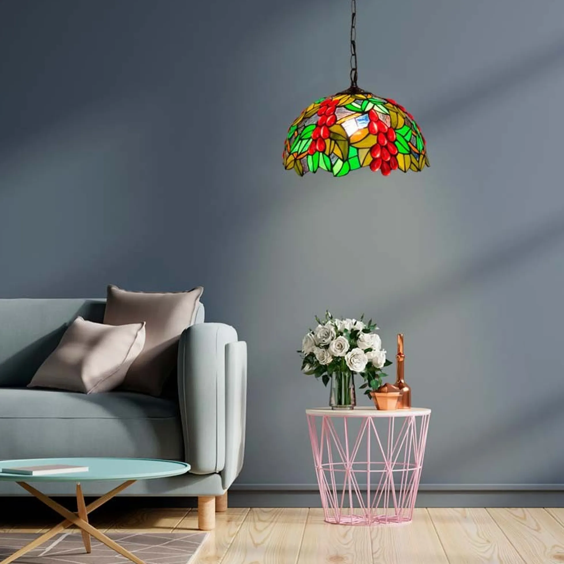 Lámpara colgante inspiración "Tiffany" con mosaico frutal en cristal