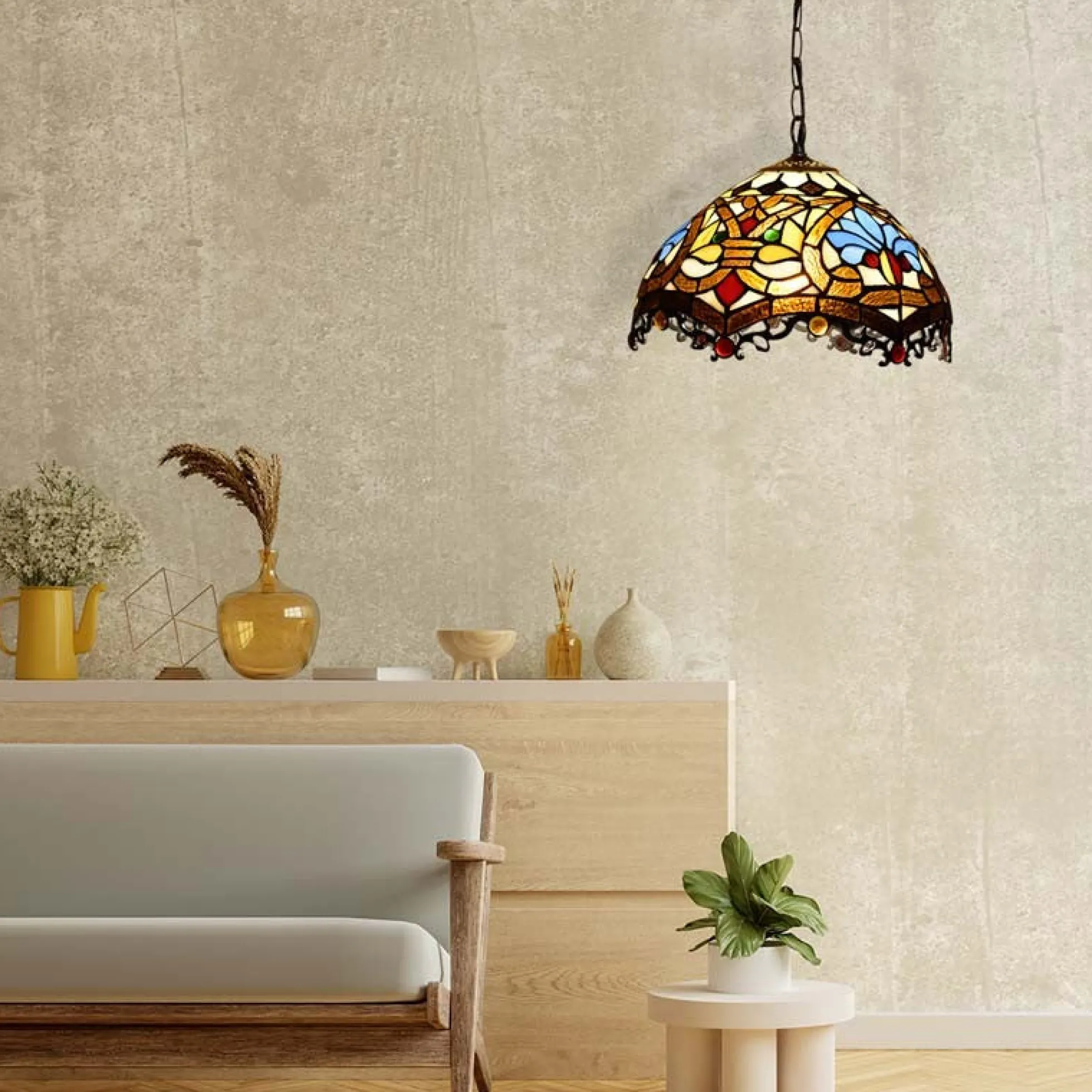 Lámpara colgante inspiración "Tiffany" con mosaico floral en cristal