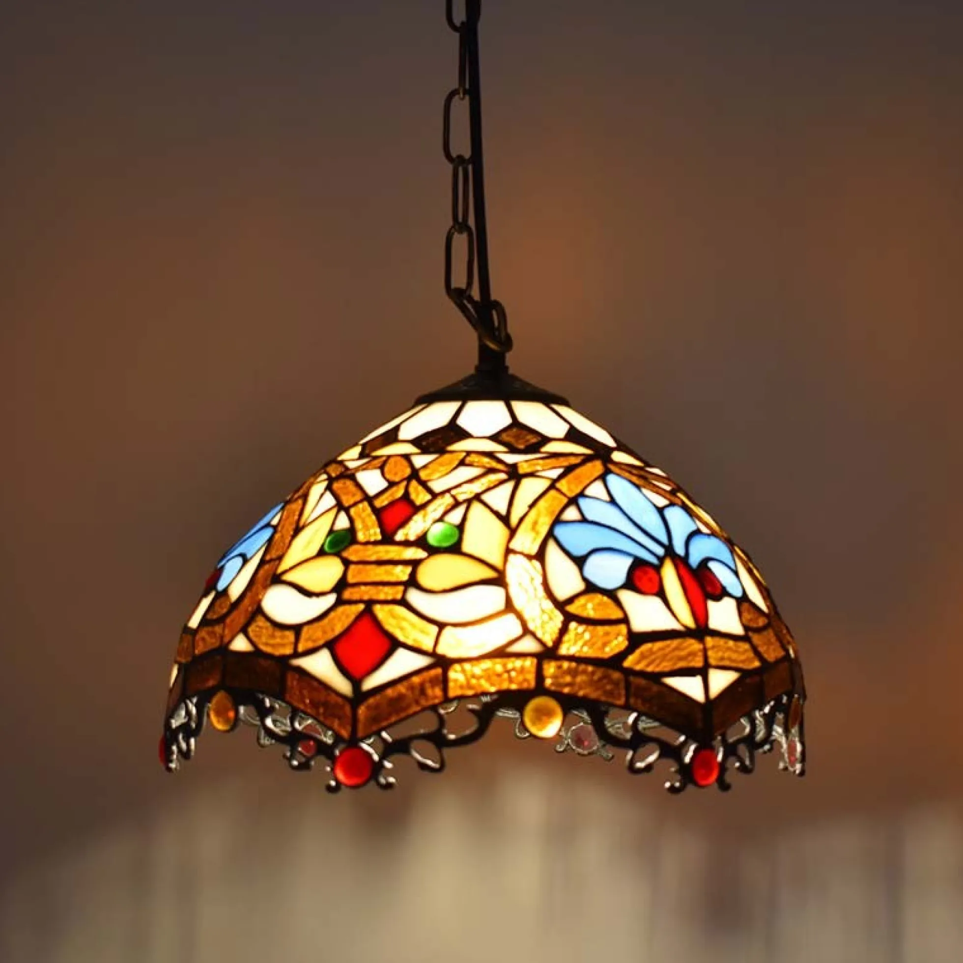 Lámpara colgante inspiración "Tiffany" con mosaico floral en cristal