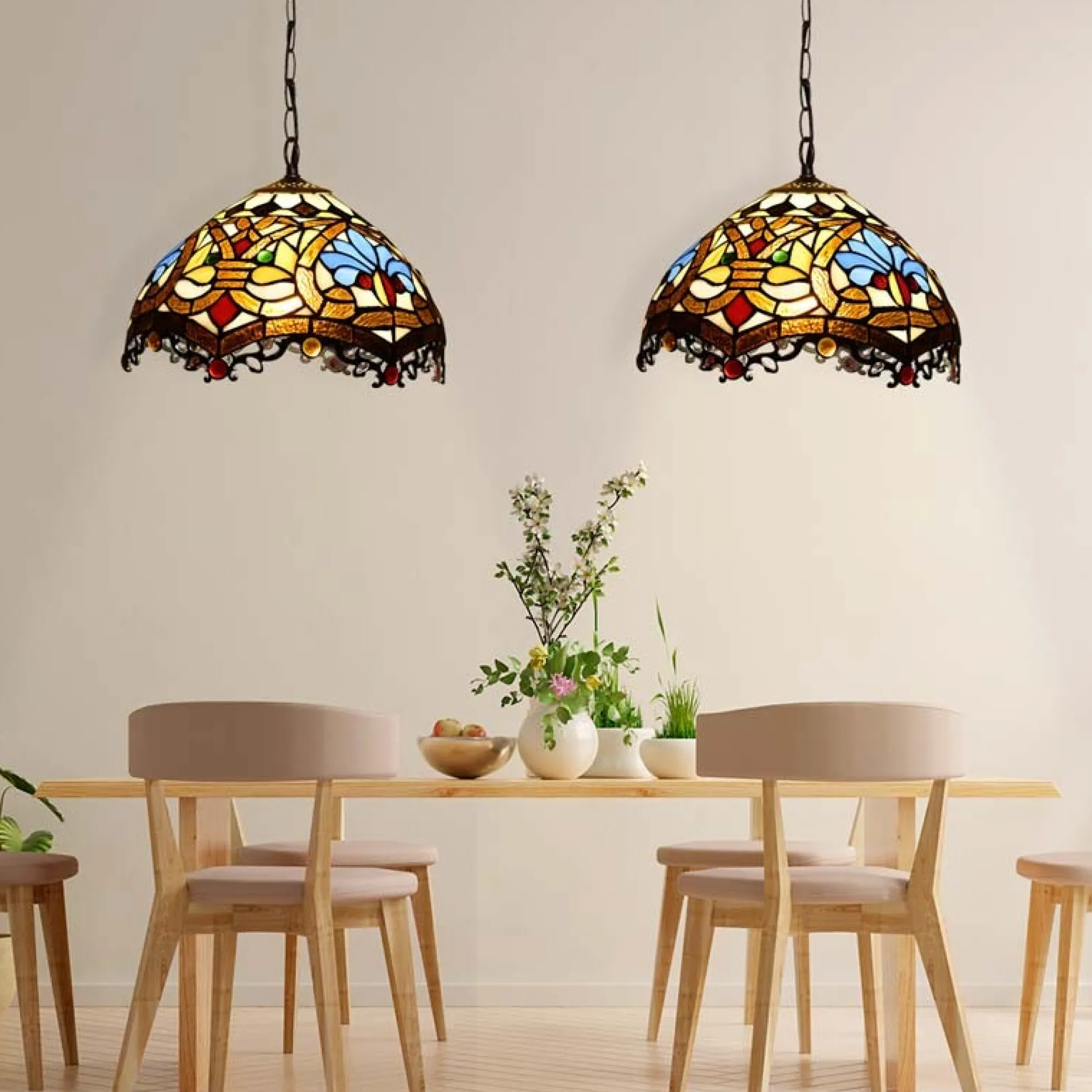 Lámpara colgante inspiración "Tiffany" con mosaico floral en cristal